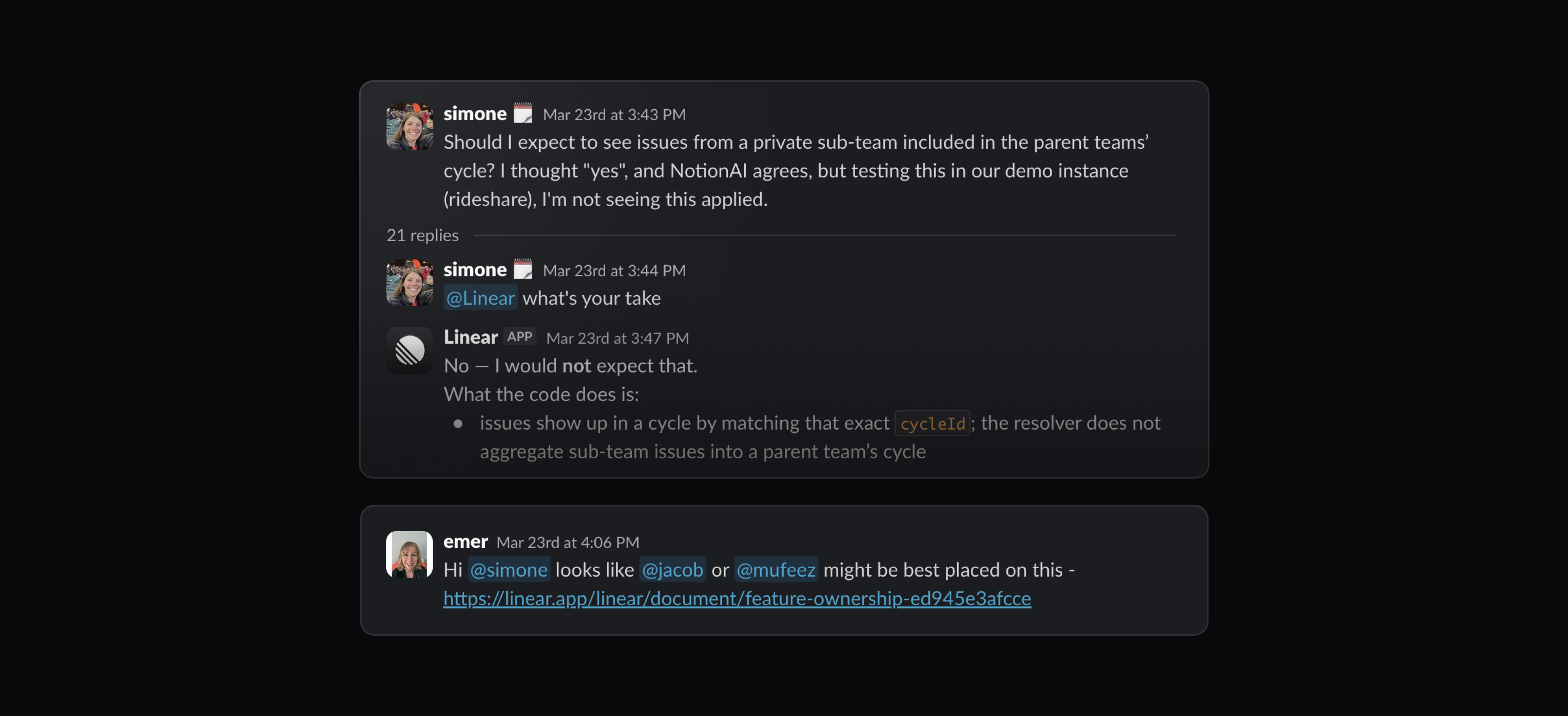 Dark Slack thread screenshot showing a teammate asking about private sub-team issues in a parent team’s cycle, followed by a Linear agent reply explaining they are not included.