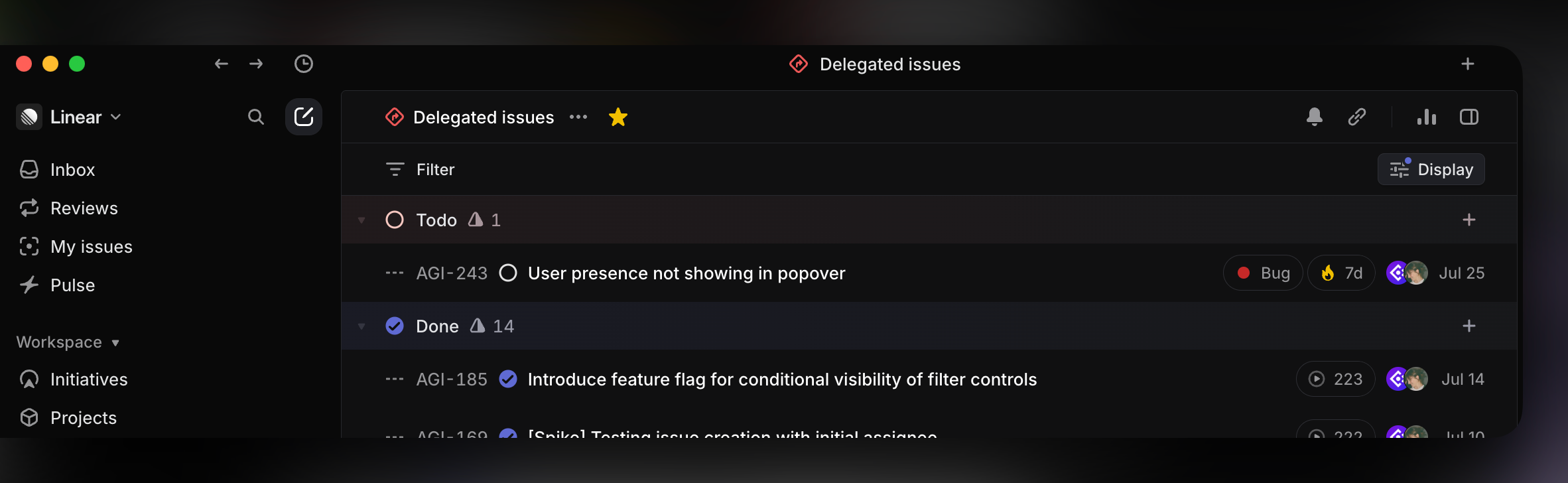 Linear custom view titled 'Delegated issues' showing a filtered list of issues. Each issue displays both the assigned teammate and the delegated agent as separate avatars.