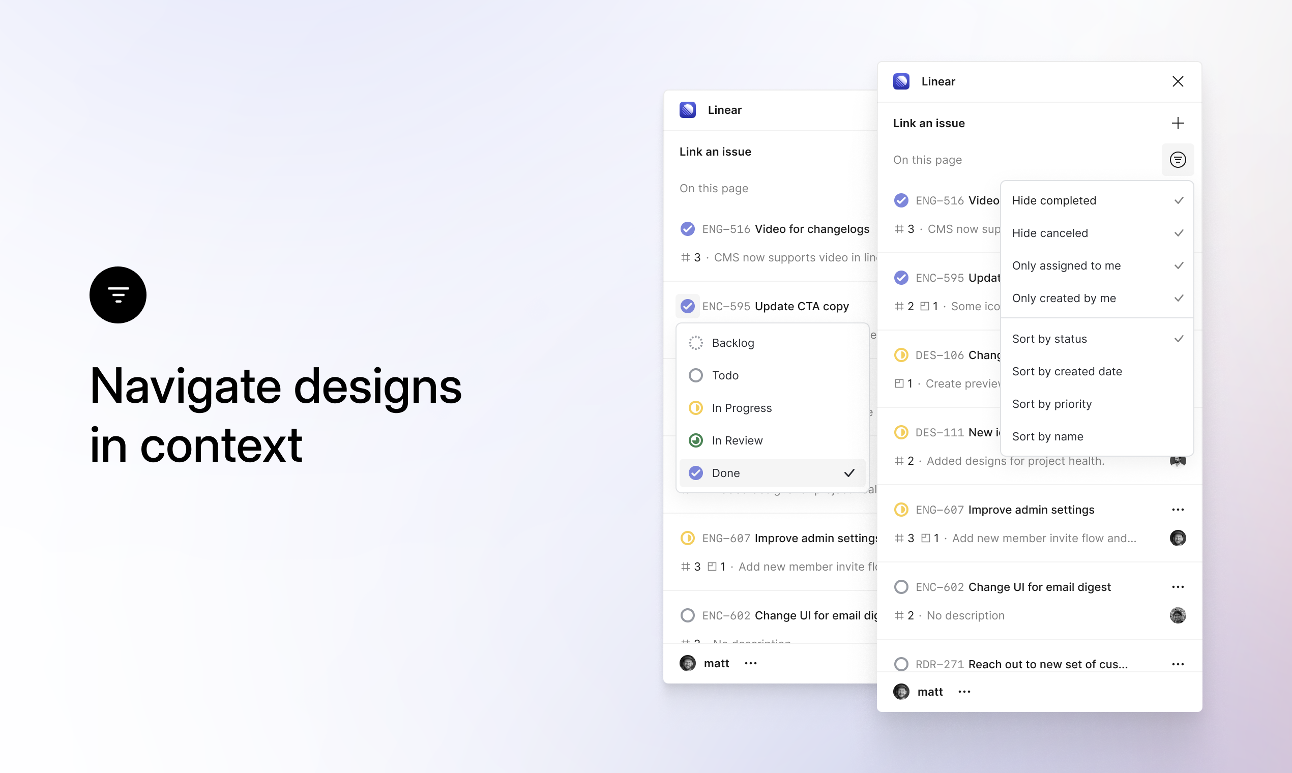 Figma plugin showing how to update status, assign issues, and filter and sort issues