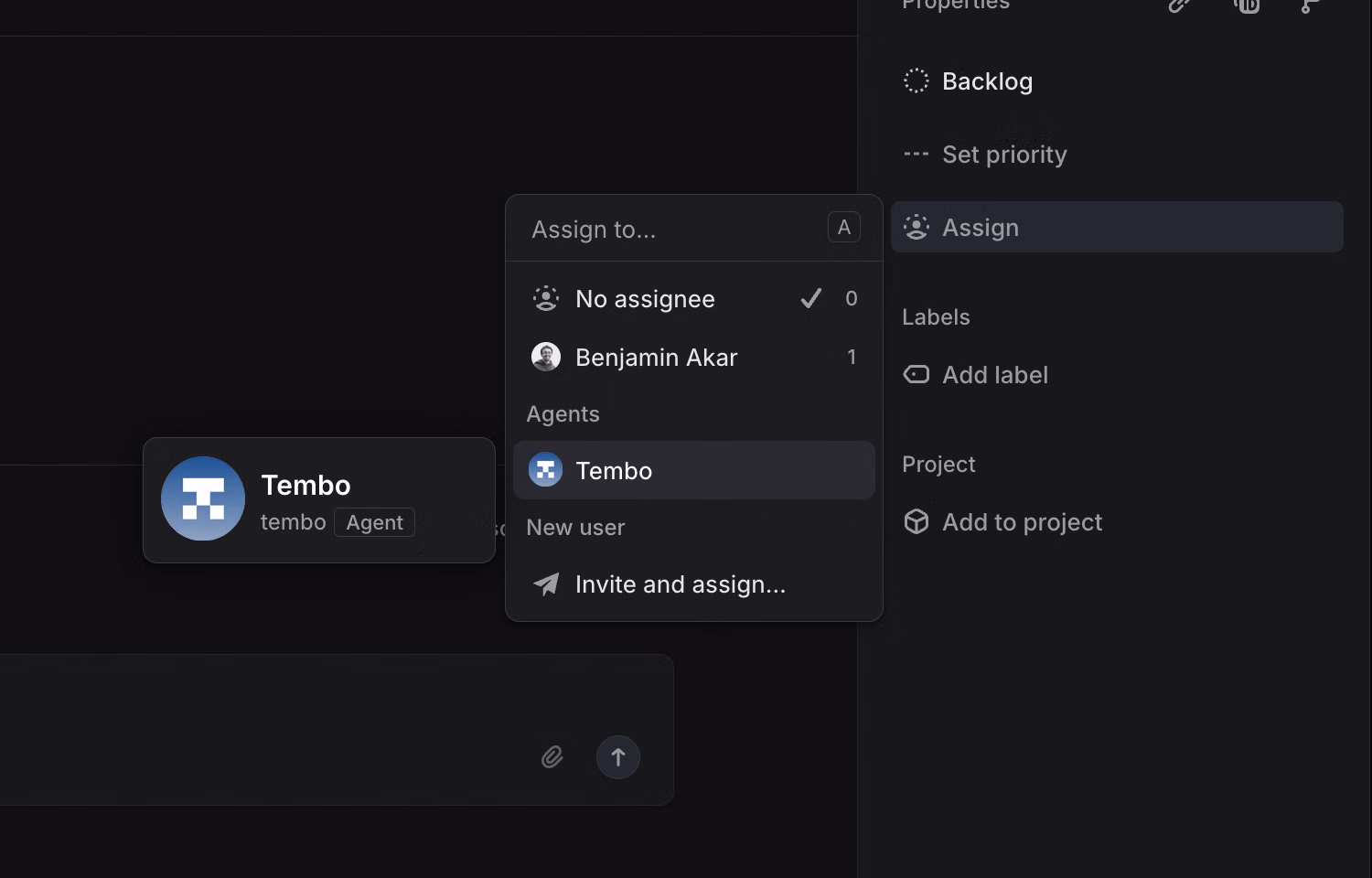 Selecting the Tembo agent in the assignee field in Linear