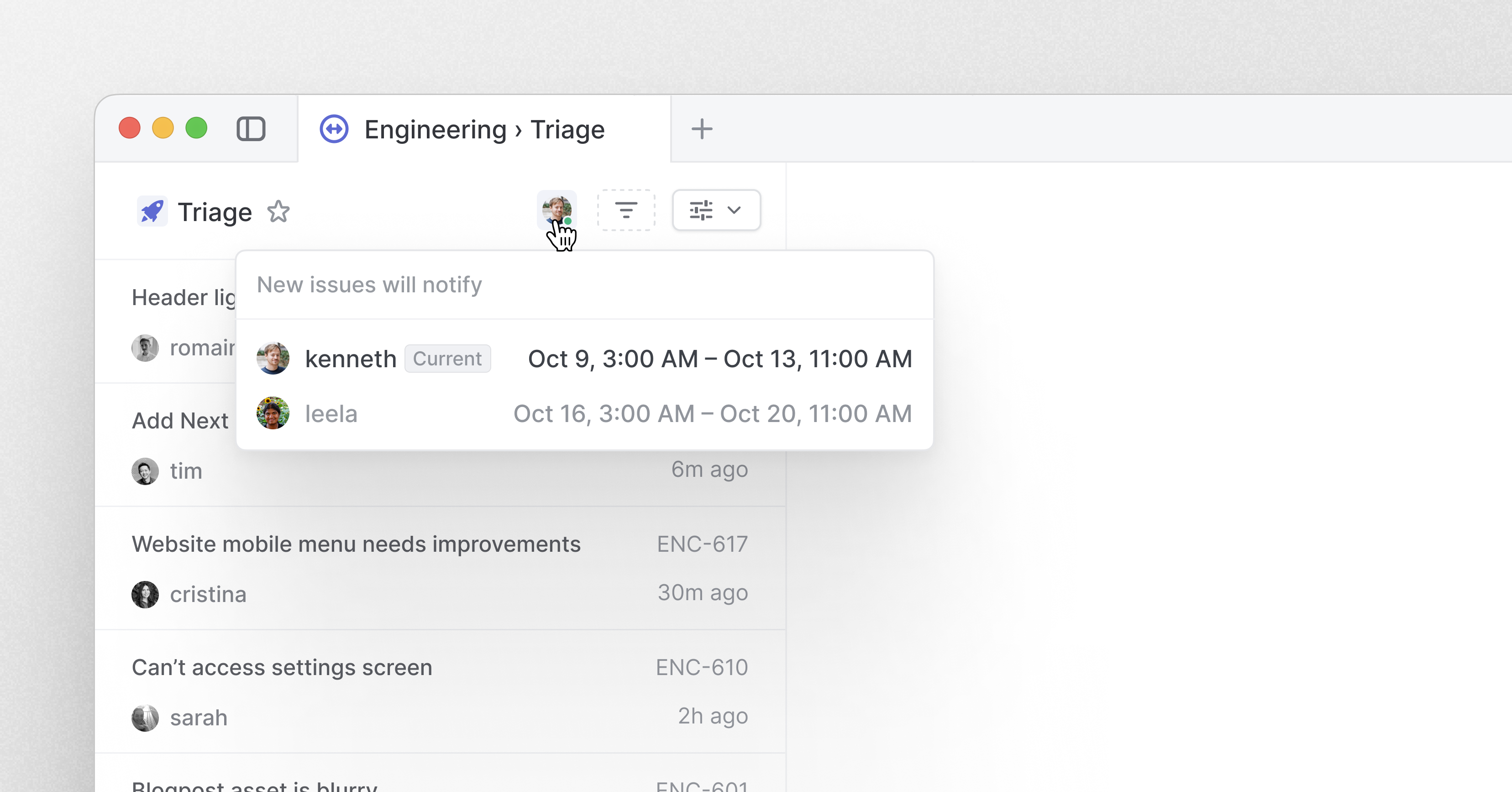 Triage view open with a dropdown showing that Kenneth is the current assignee responsible for triaging issues, and Leela will take over next week respon