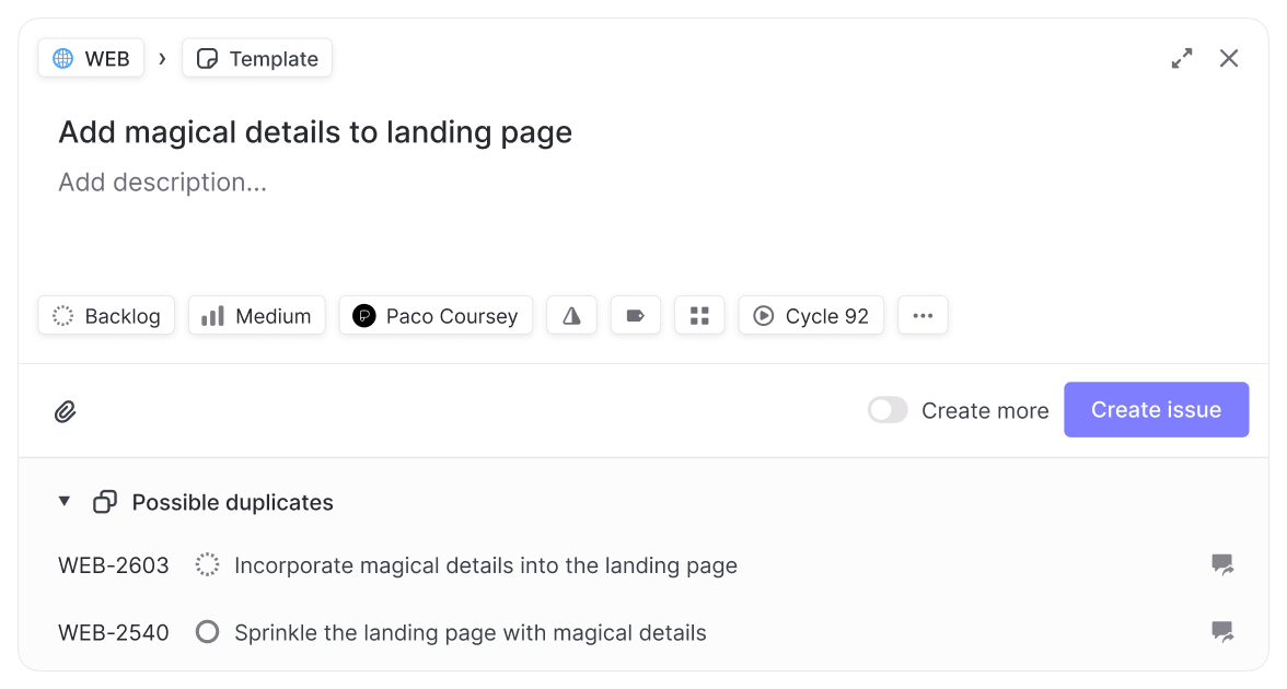 Linear issue composer showing possible duplicate issues