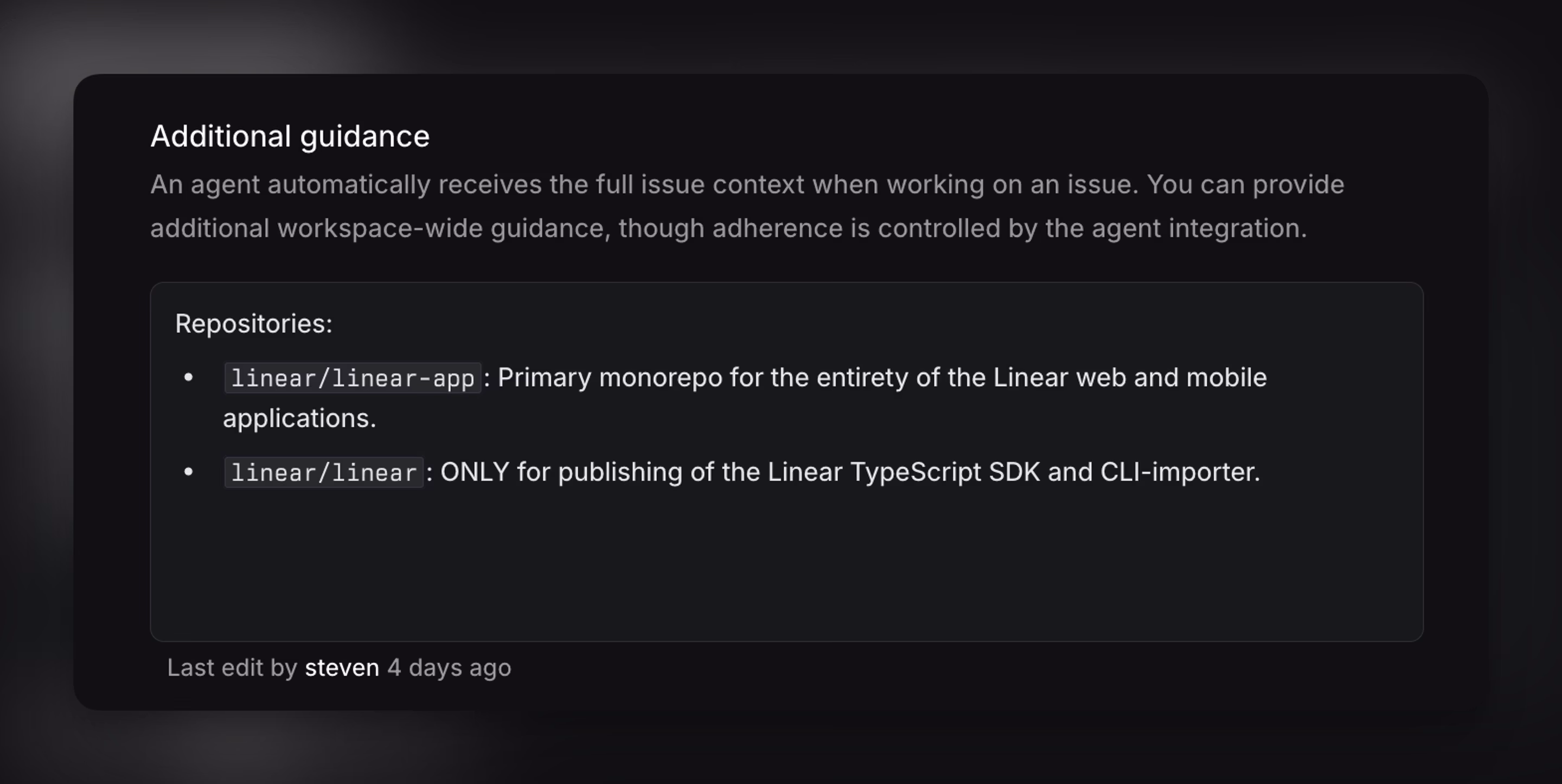 Screenshot of the Additional guidance panel showing repository instructions for agents