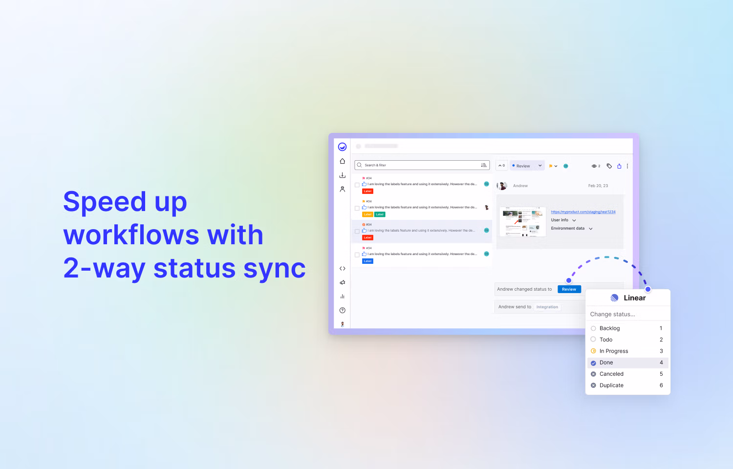 Usersnap showing 2 way status sync