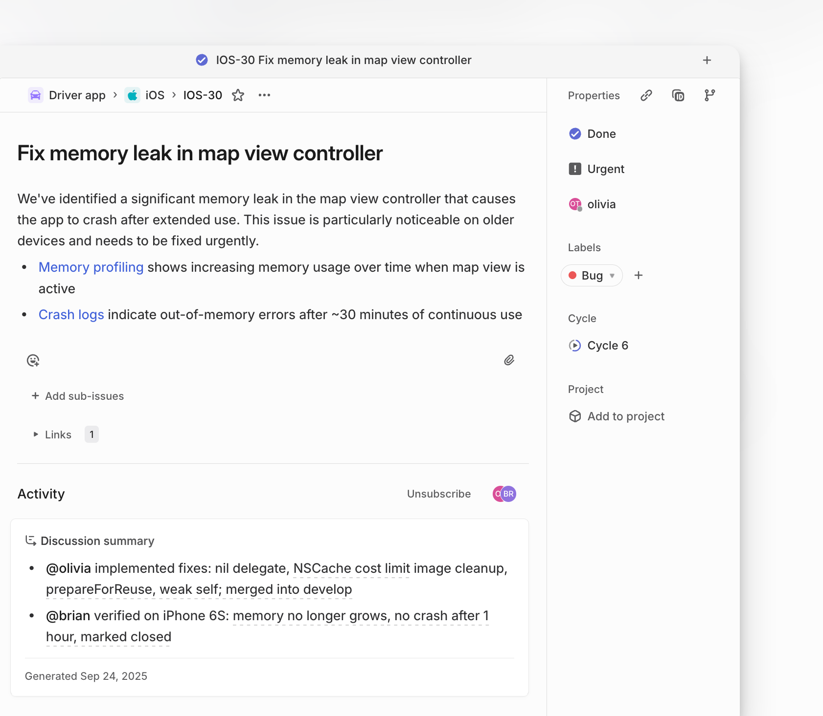 Linear issue view with AI-generated discussion summary in the activity section.