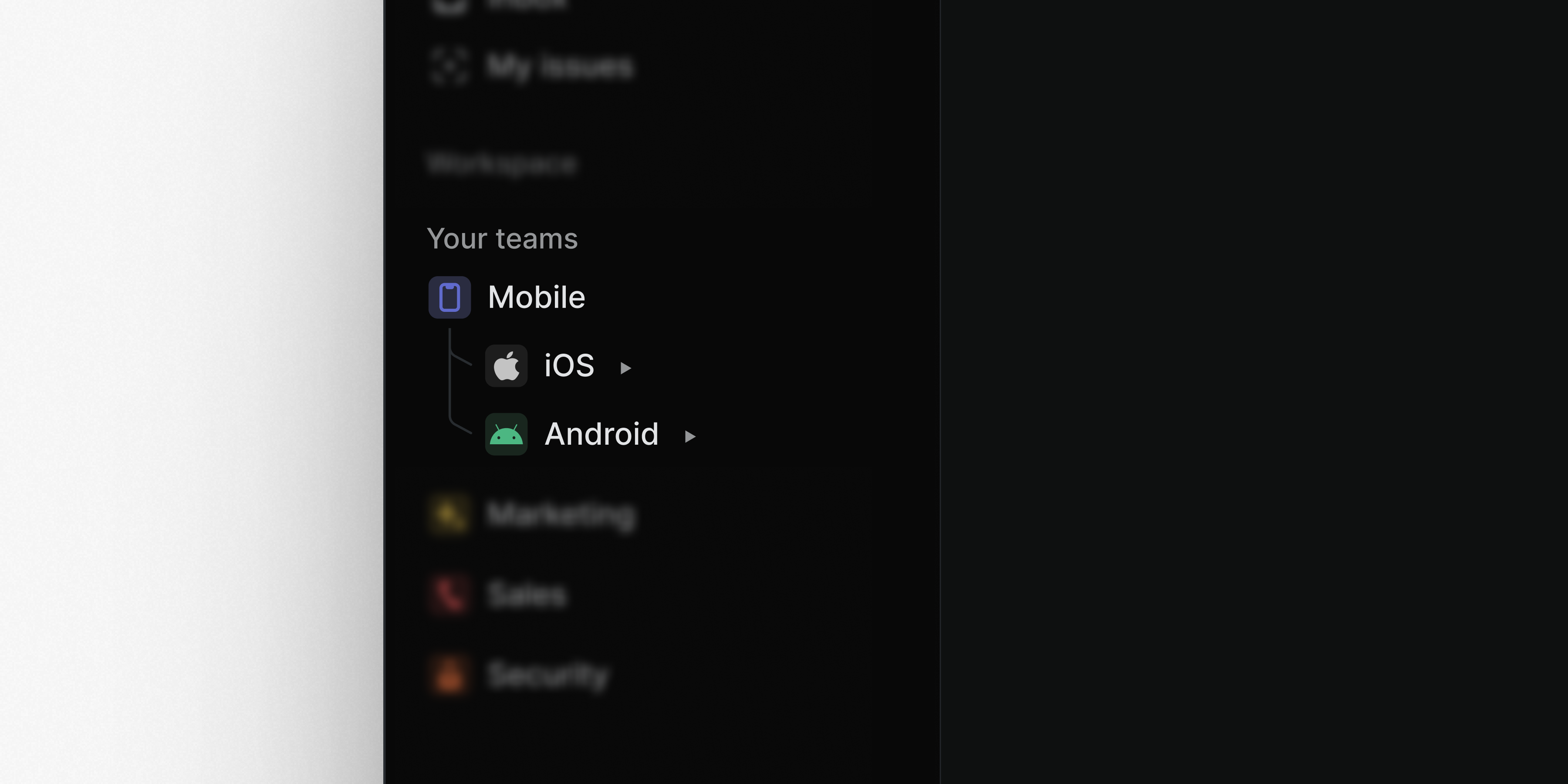 The linear application sidebar showing ‘Your teams’ with a parent team named ‘Mobile’ and two child teams labeled ‘iOS’ and ‘Android,’ each with corresponding Apple and Android icons. The child teams are nested and indented under the parent team