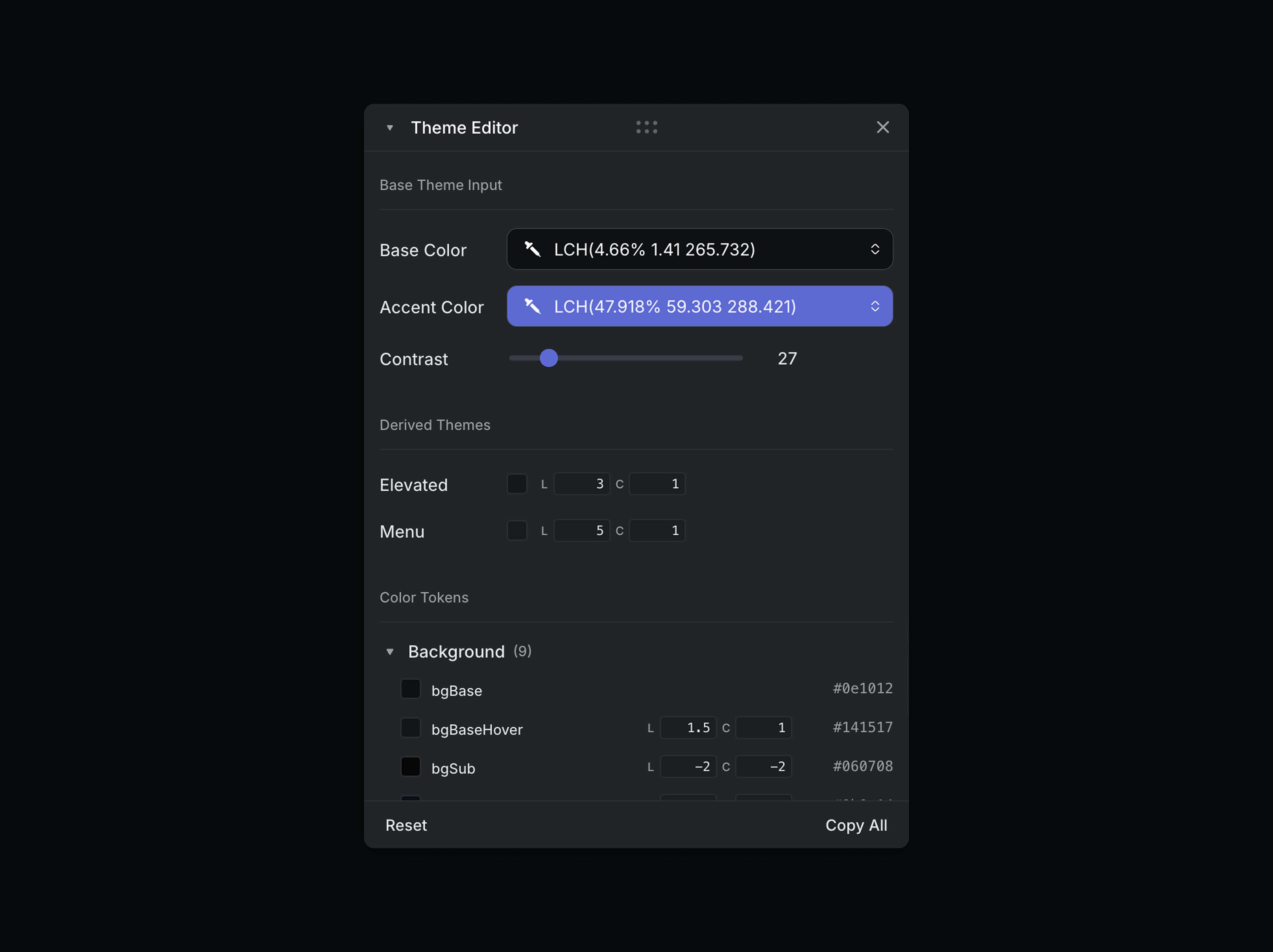 Internal theme editor interface used to adjust color values, contrast, and design tokens for the UI palette.