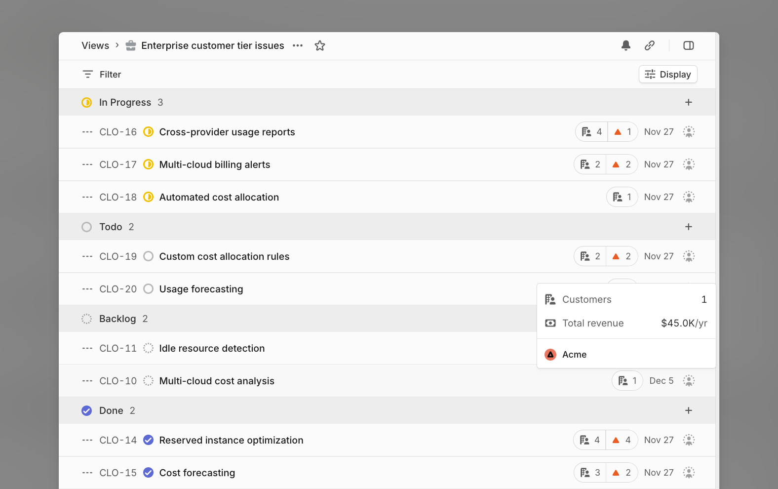 shows enterprise tier customer count on issues