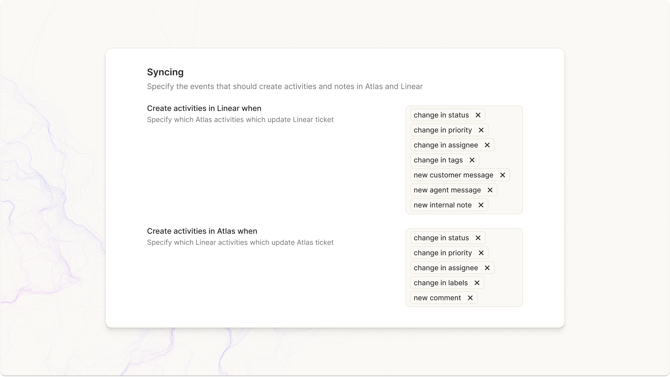 Atlas Support interface showing linked Linear issue updates