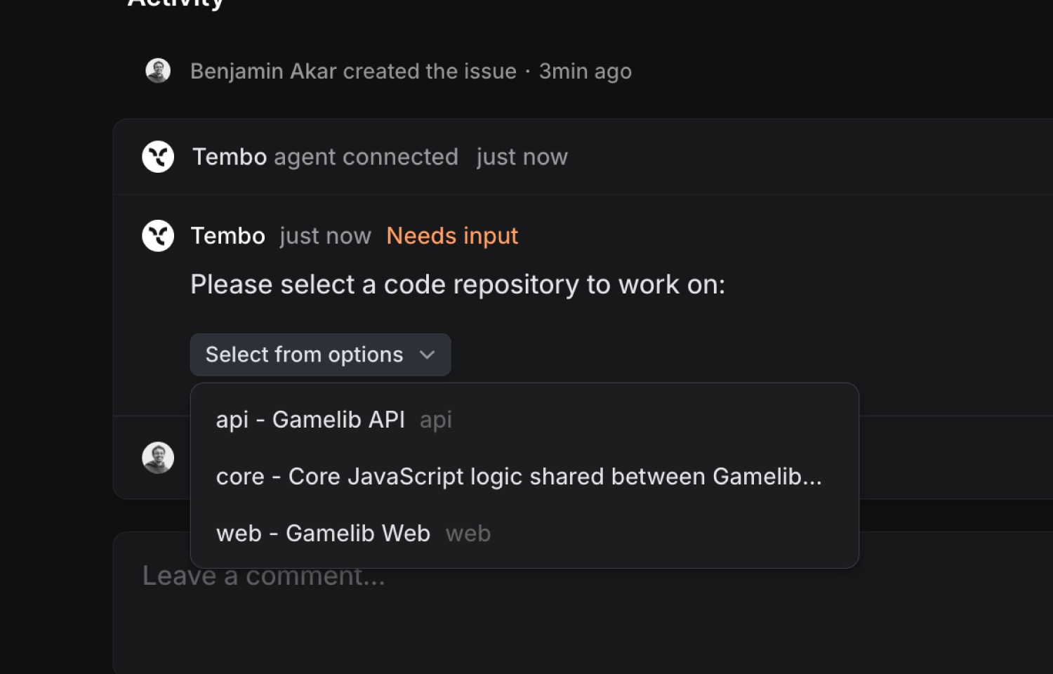 Tembo agent showing a dropdown menu to select a repository