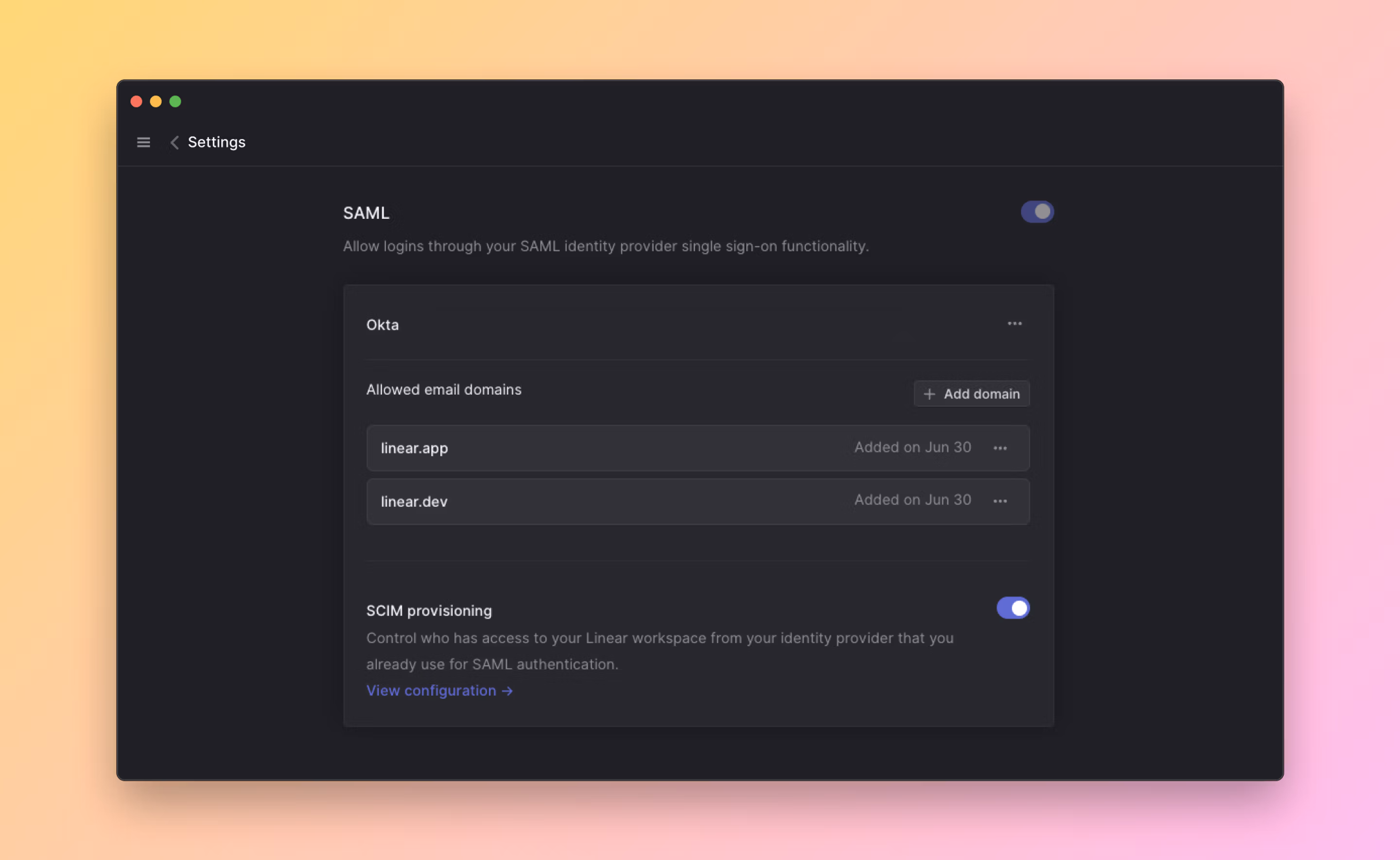 Security Settings page for SCIM in the Linear app