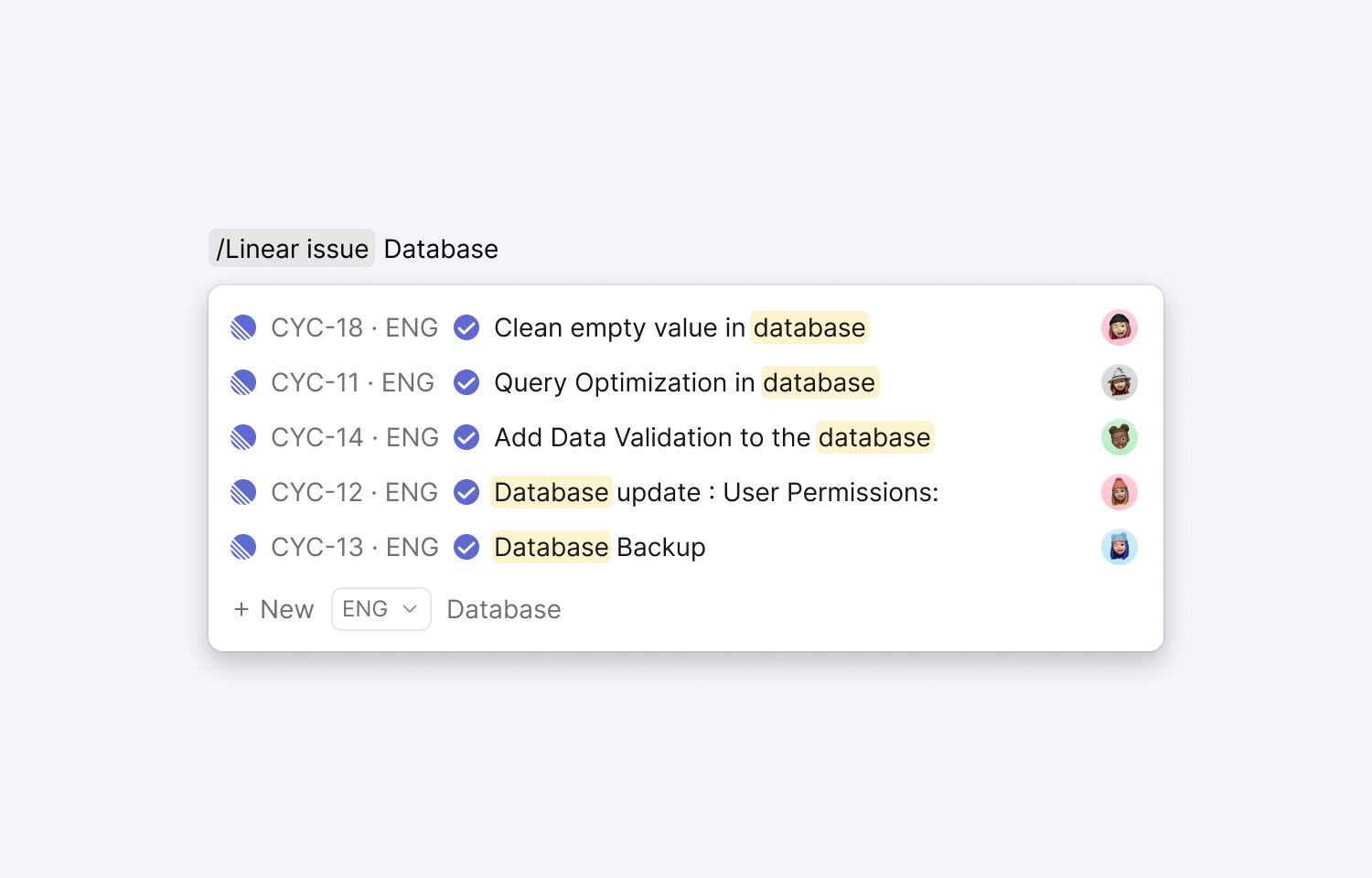 Cycle app showing slash command to mention Linear issues