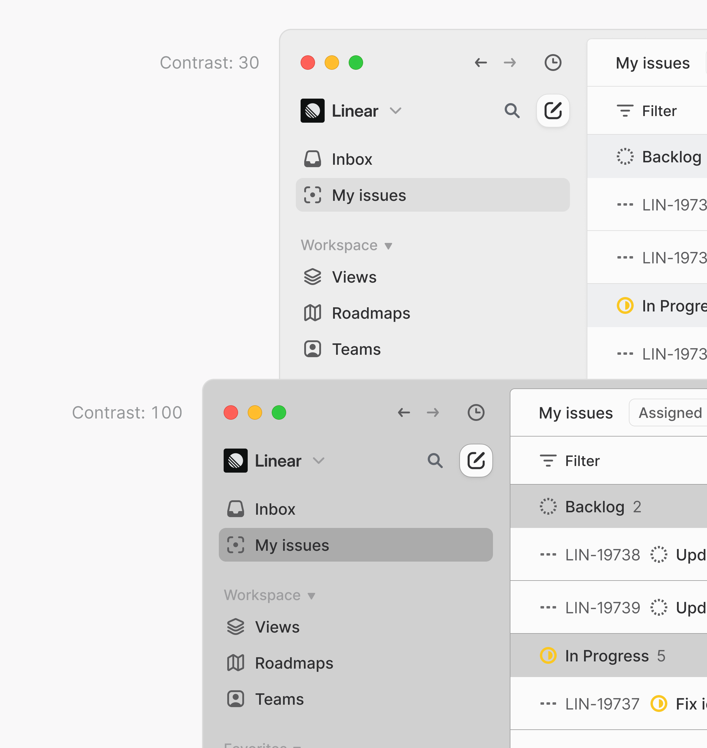 Comparison between contrast set to 30 and 100 in Linear