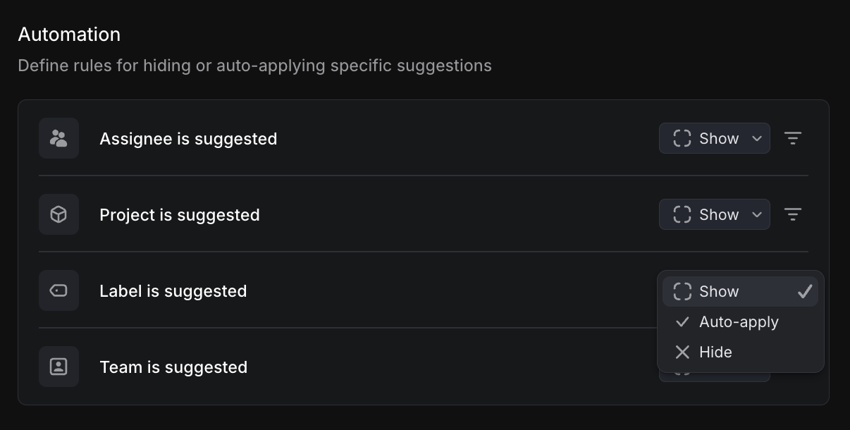 Image displays show, auto-apply, and hide options in team settings for product intelligence