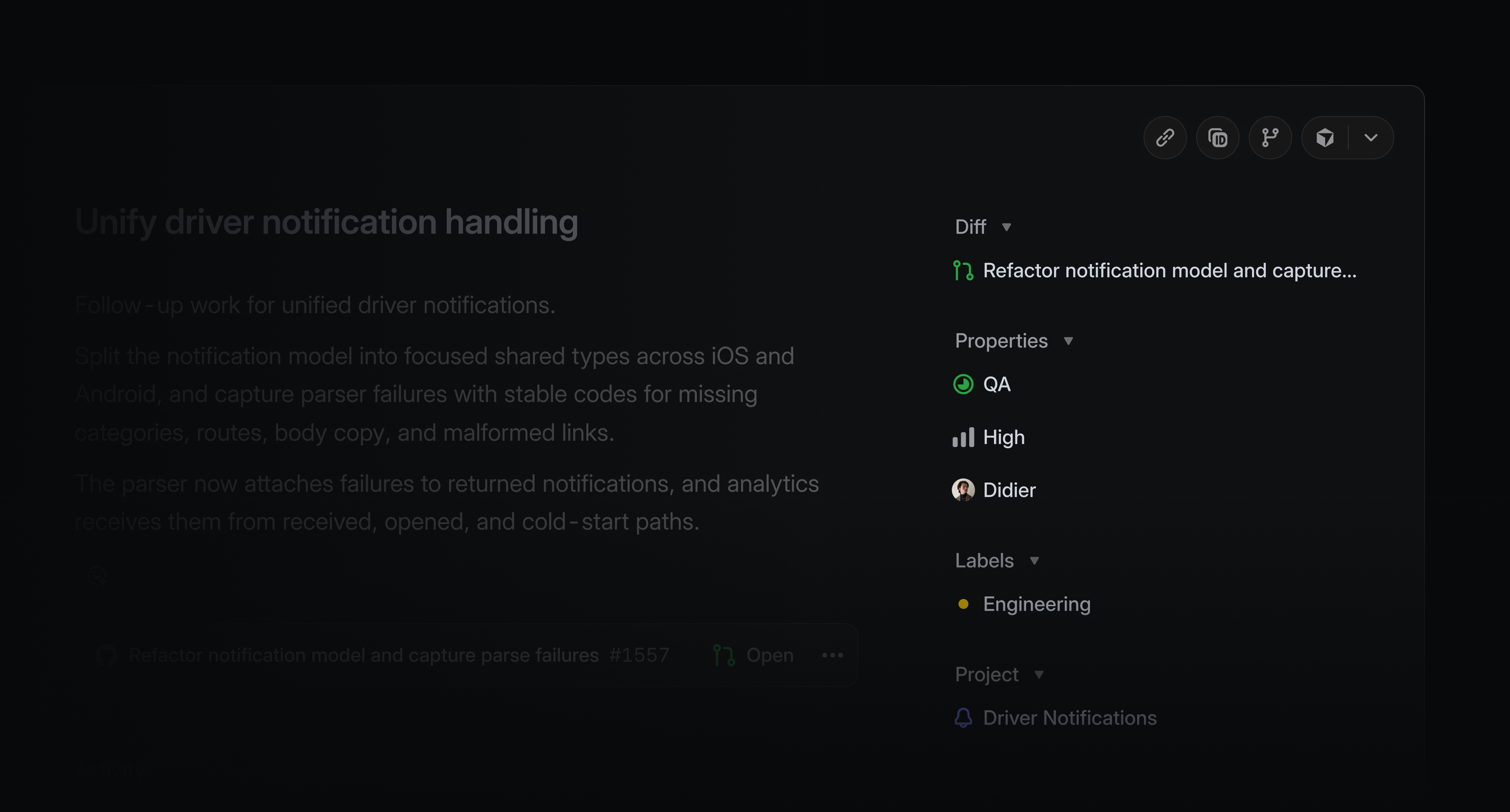 Linear UI showing issue context.