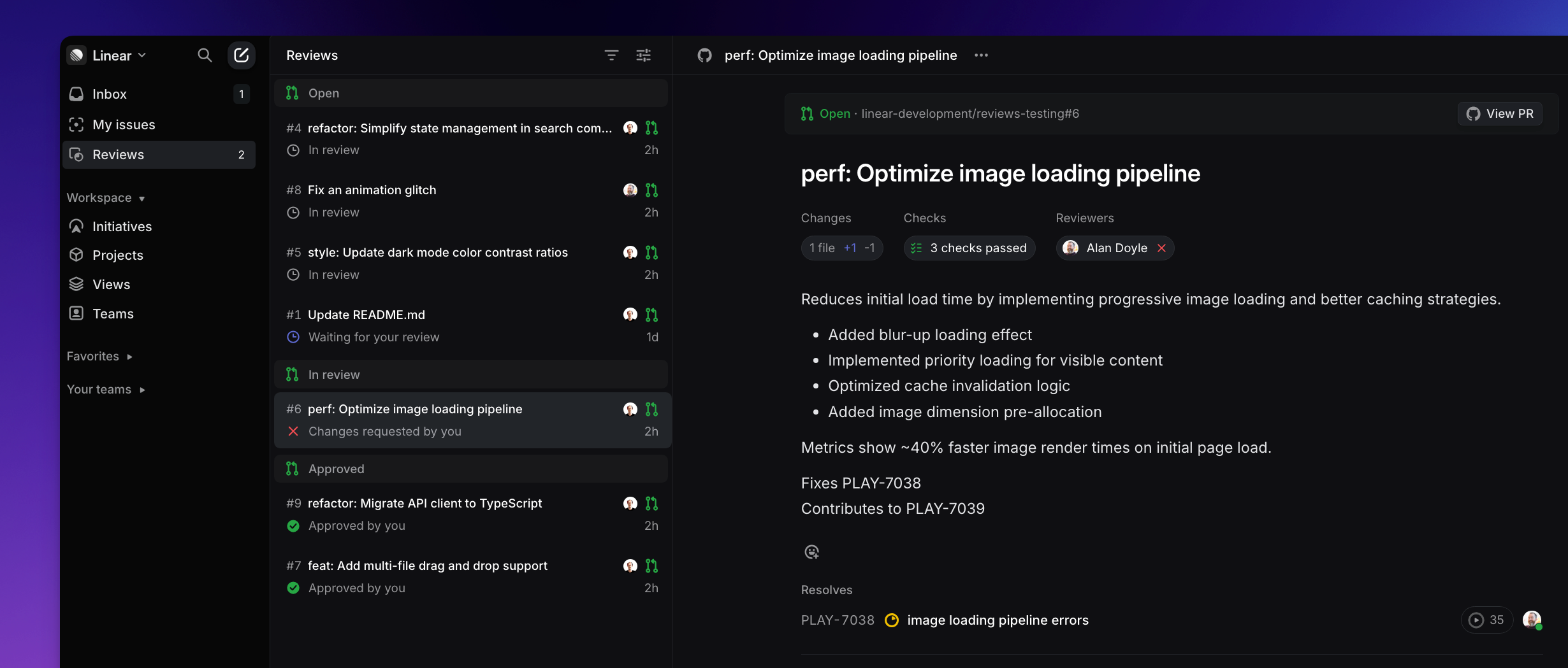 Review requests interface open with a PR displayed in Linear