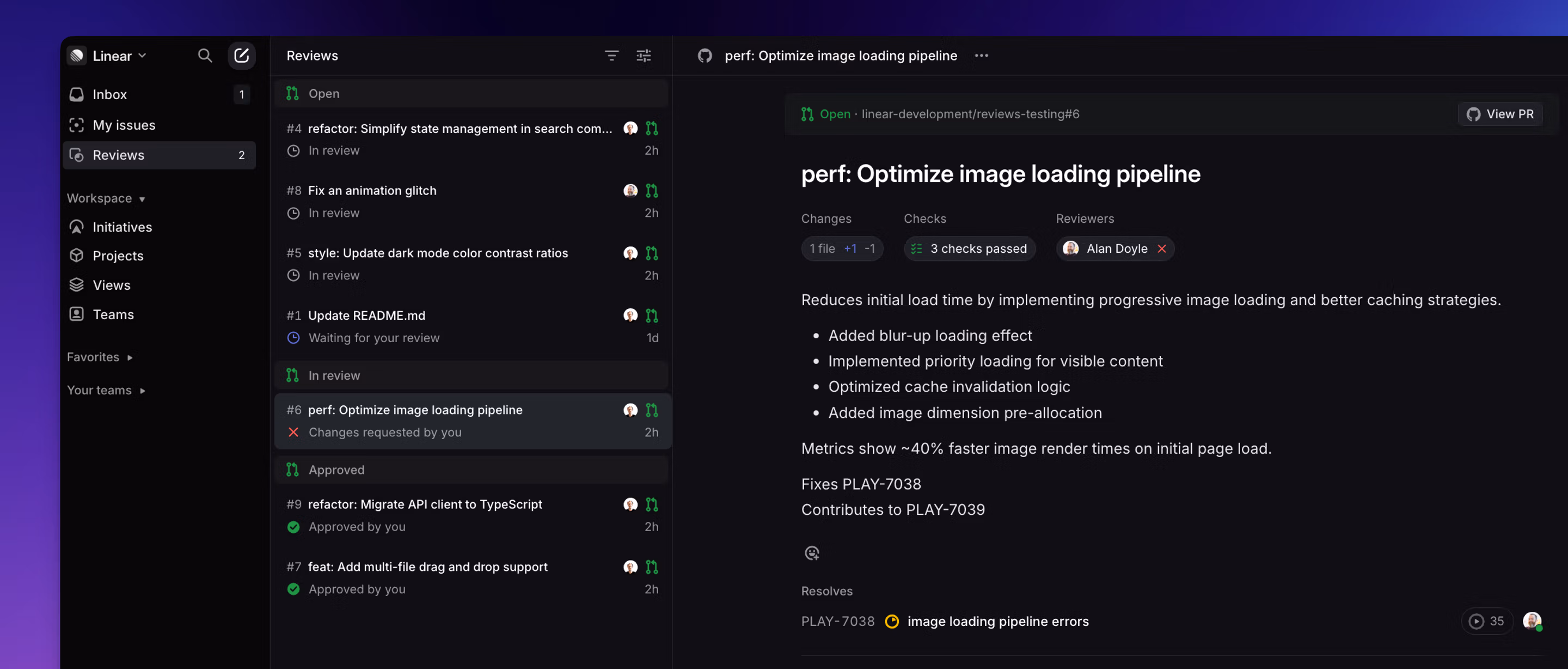 Review requests interface open with a PR displayed in Linear