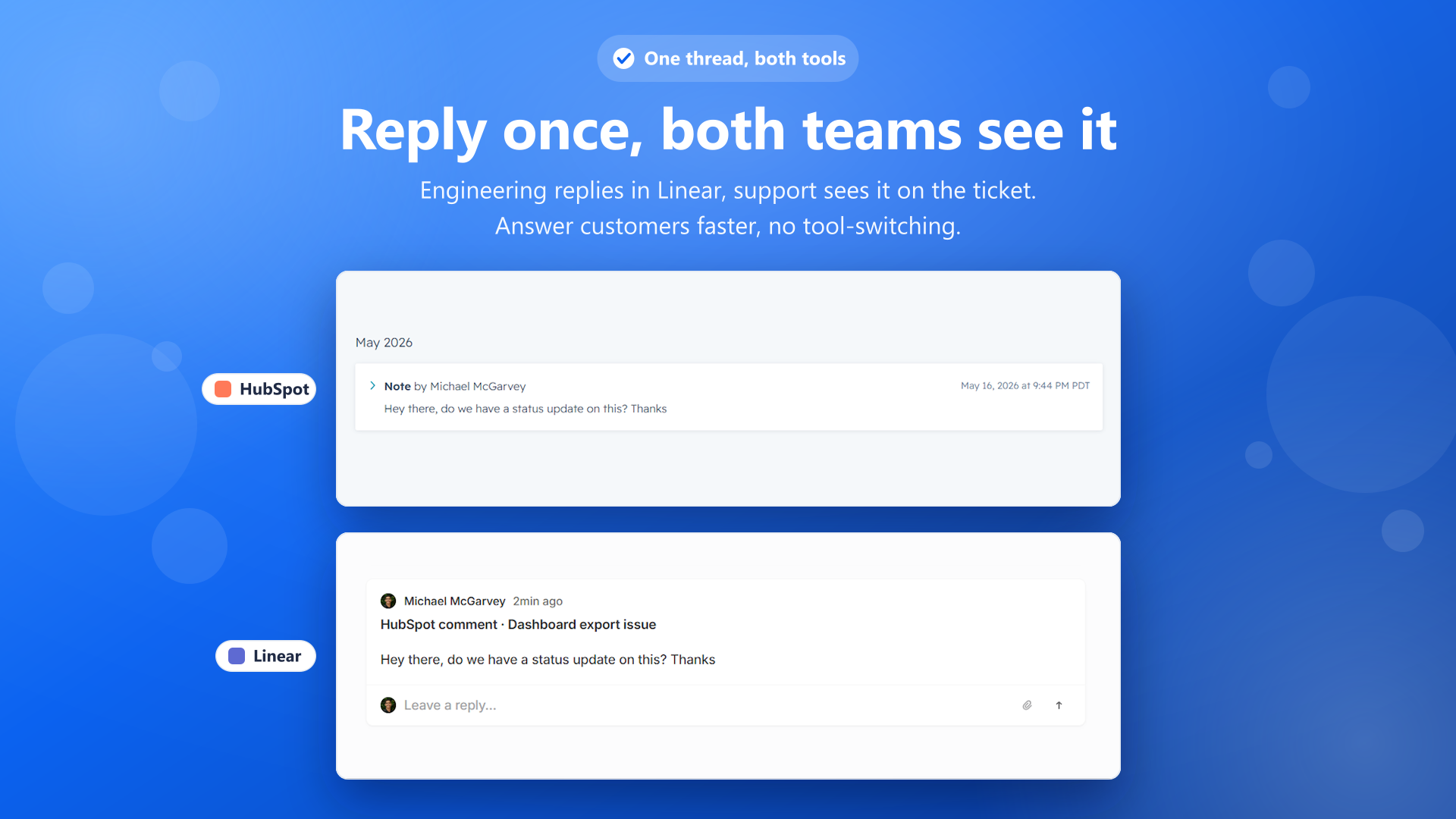 replies to hubspot from Linear