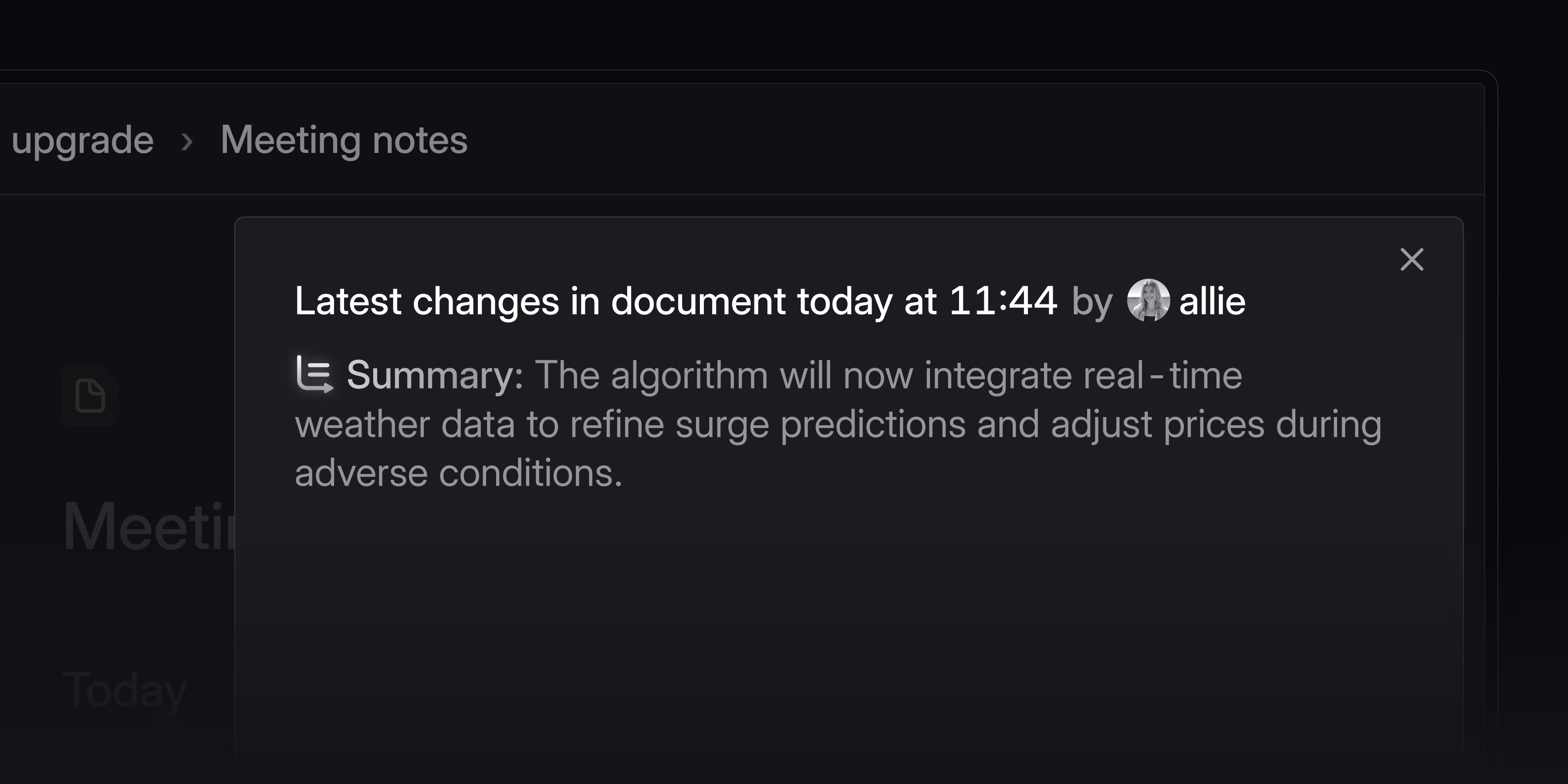 Inbox notification showing a summary of document changes generated by AI