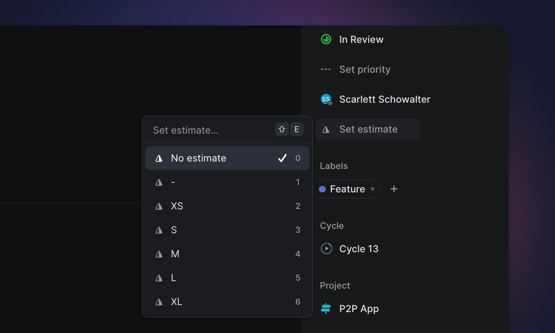 Linear app showing an issue estimate being changed