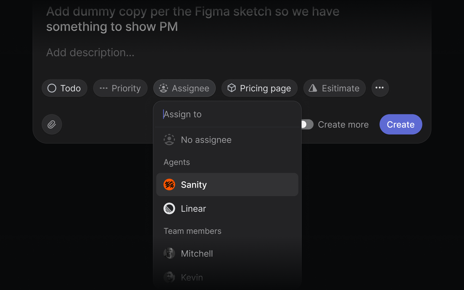 assignee picker menu showing Sanity