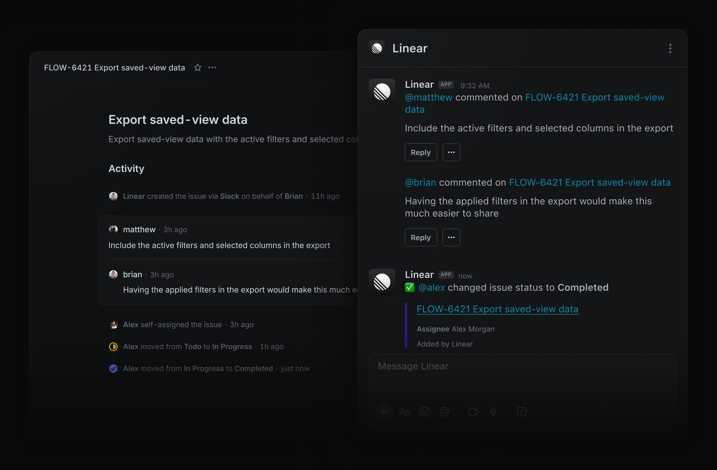 Left showing Linear moving the issue to complete, right showing notification in Slack.