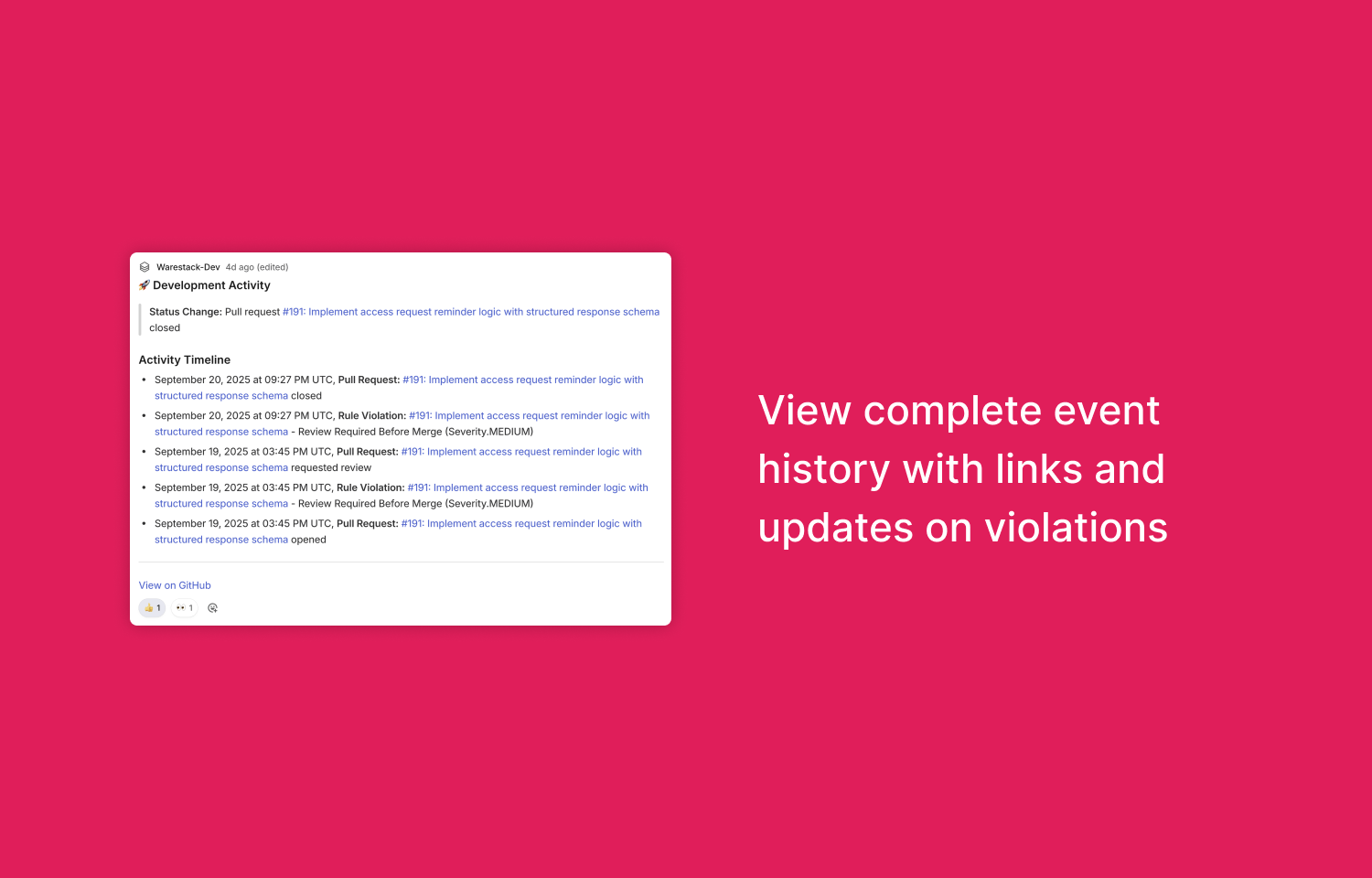 Warestack posting comments back to Linear with event history
