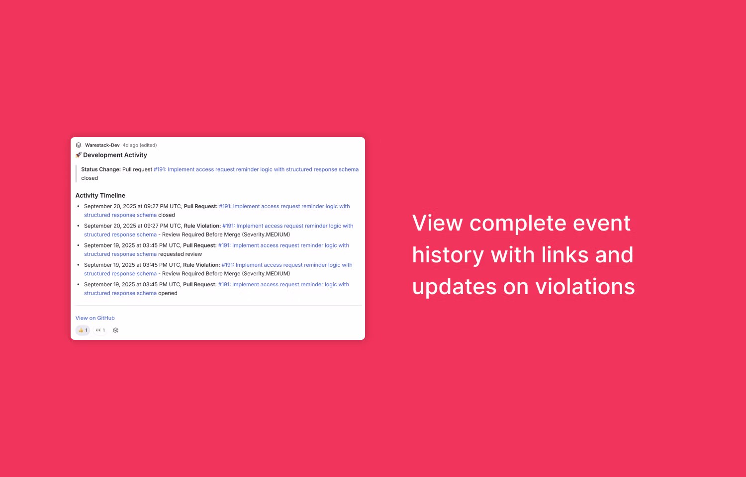 Warestack posting comments back to Linear with event history