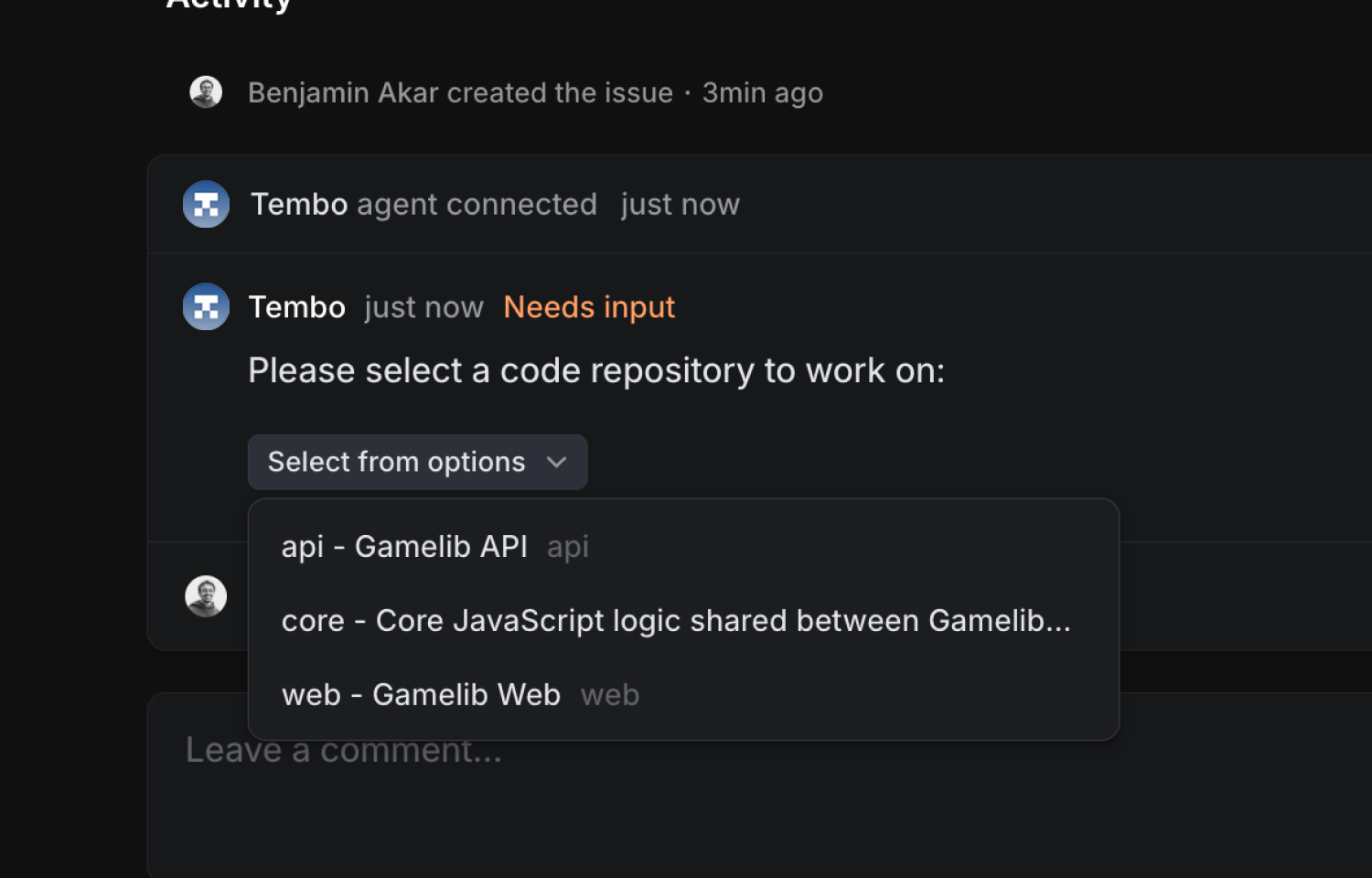 Tembo agent showing a dropdown menu to select a repository