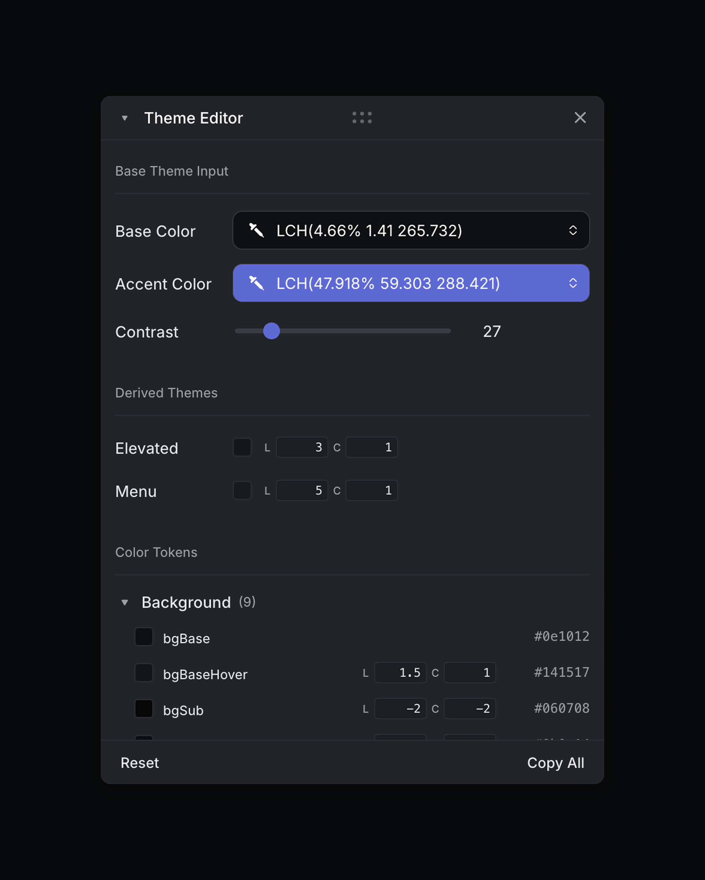 Internal theme editor interface used to adjust color values, contrast, and design tokens for the UI palette.