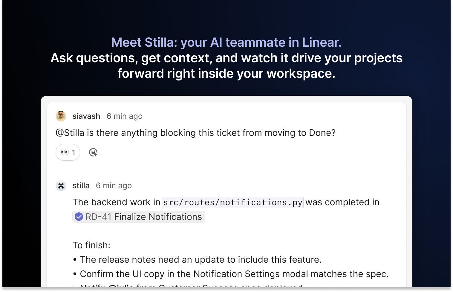 @mentioning the Stilla agent in Linear to ask a question