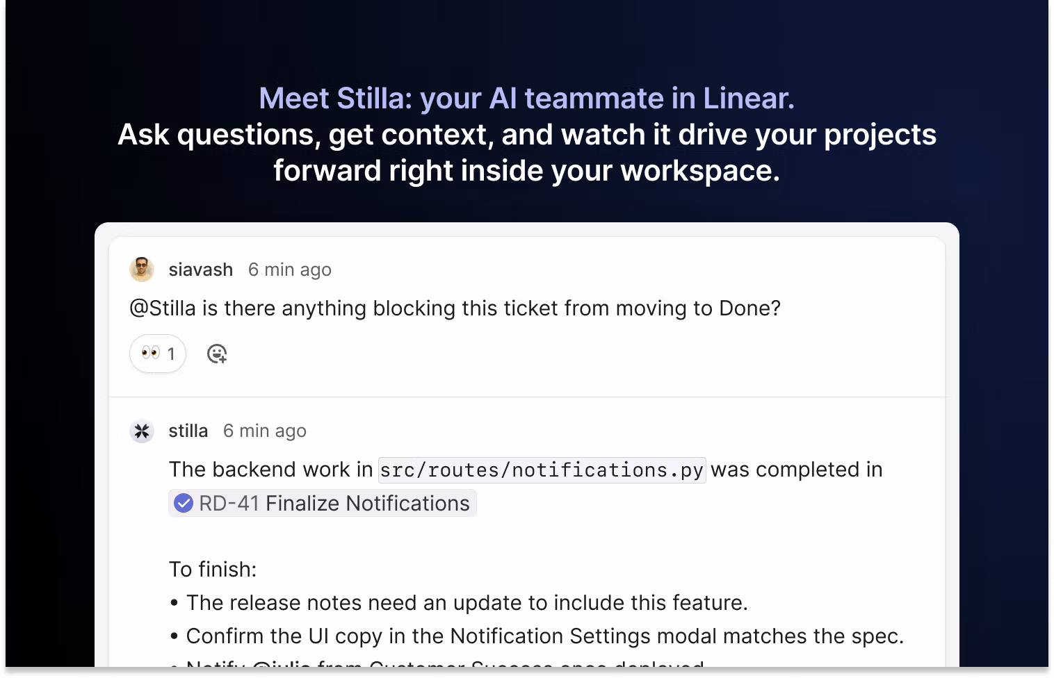 @mentioning the Stilla agent in Linear to ask a question
