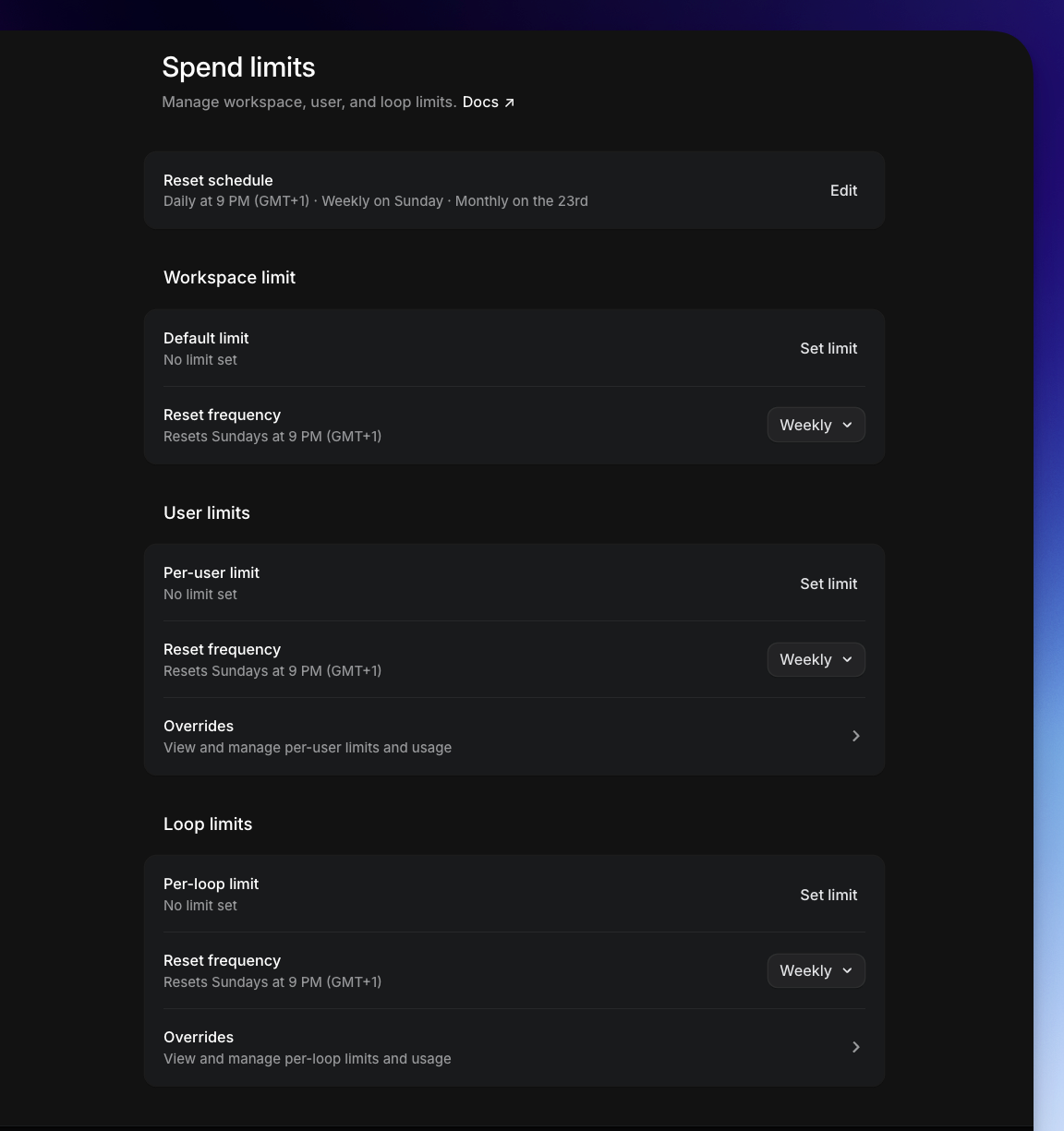 Workspace, user, and loop spend-limit settings
