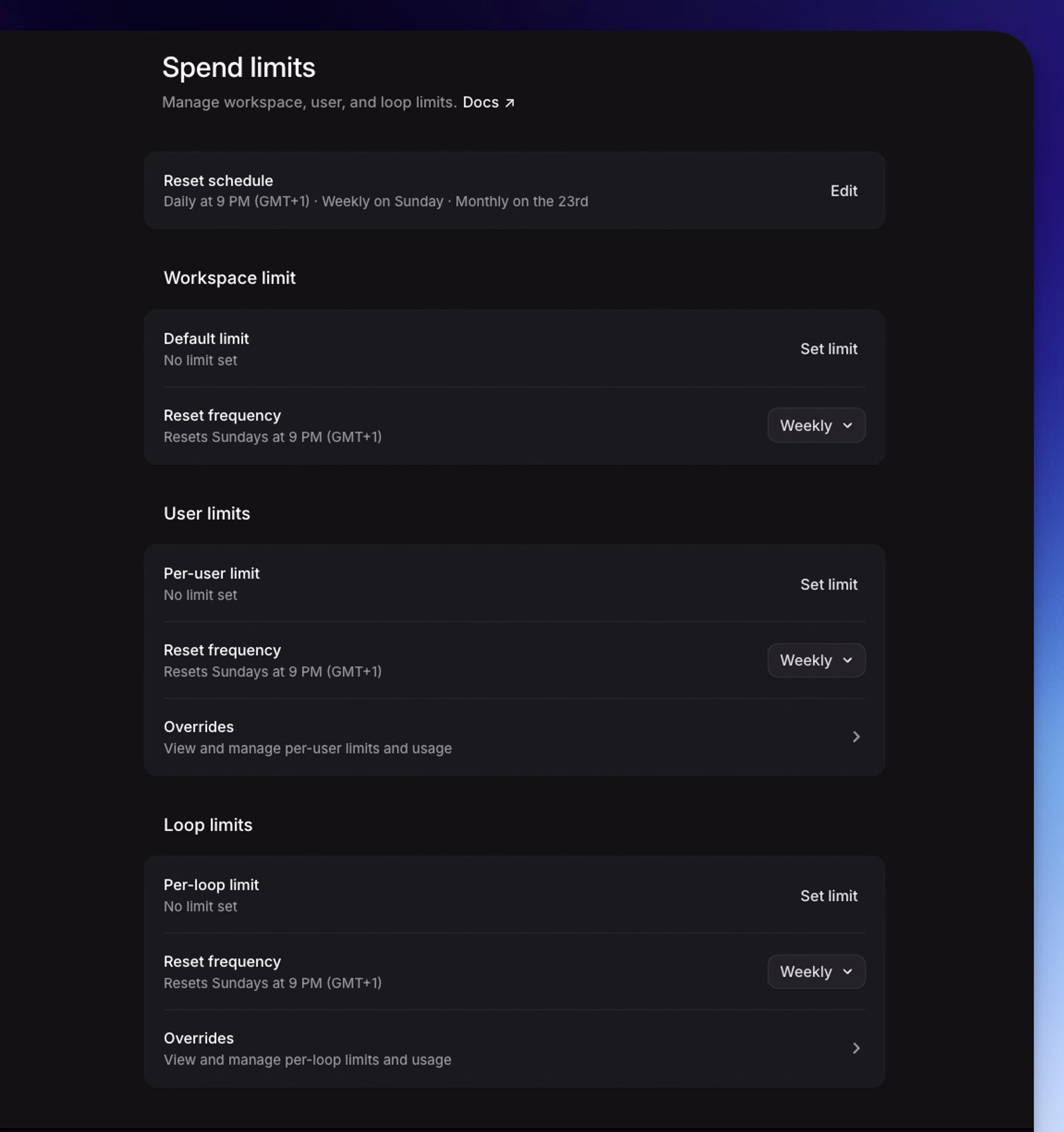 Workspace, user, and loop spend-limit settings