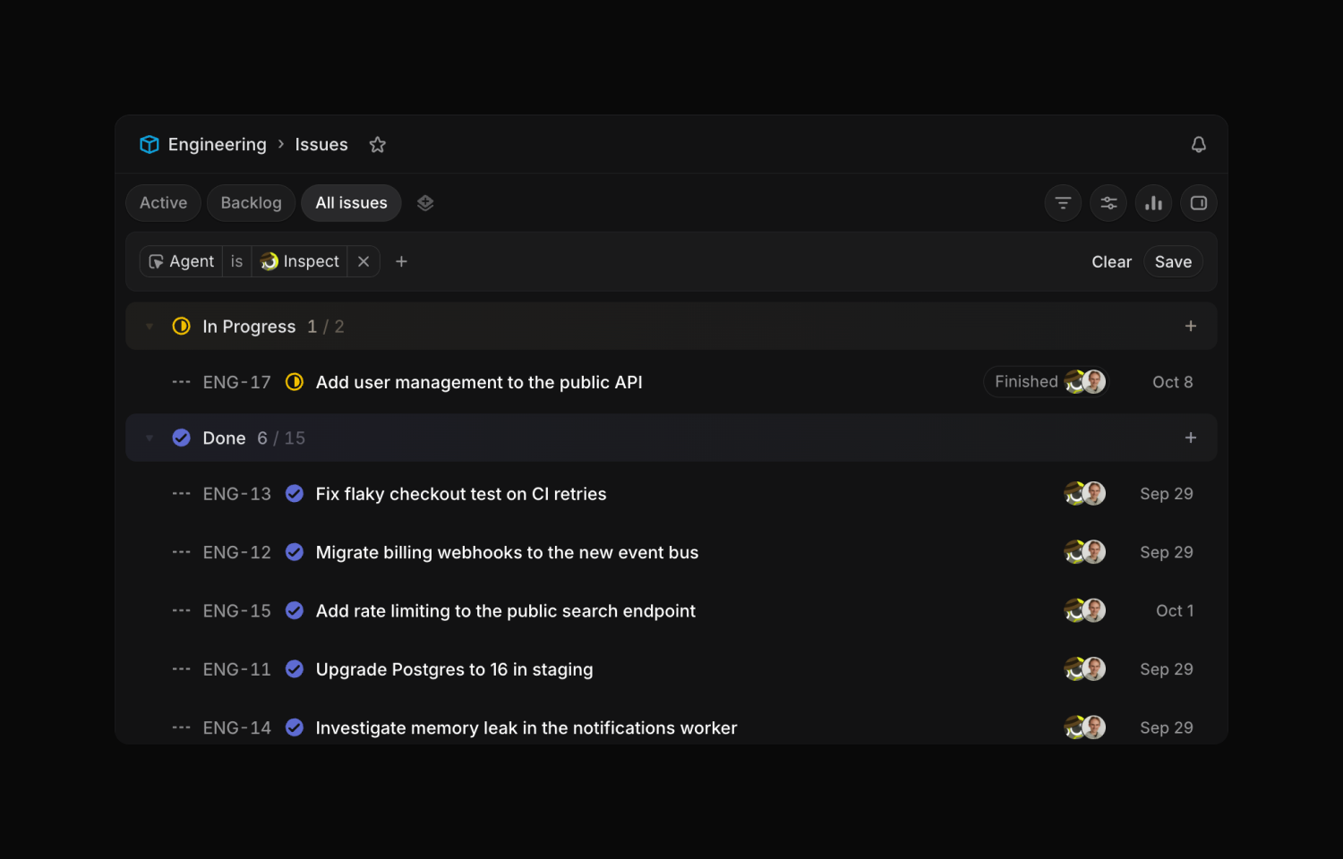 an agent filter in Linear showing the Inspect agent