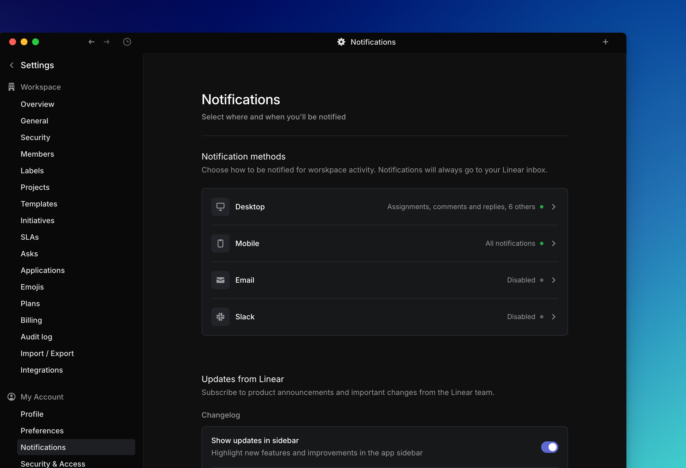 Linear app settings page showing notification settings