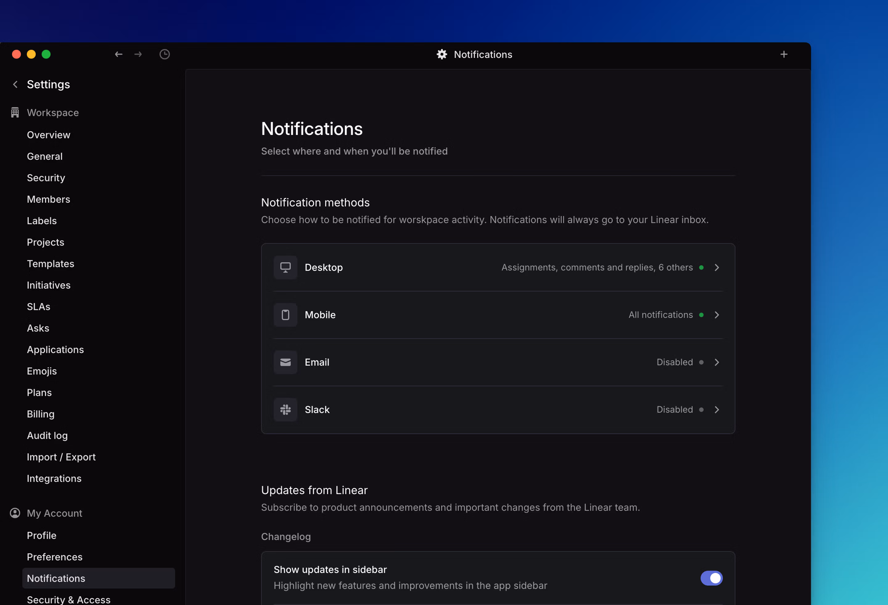 Linear app settings page showing notification settings