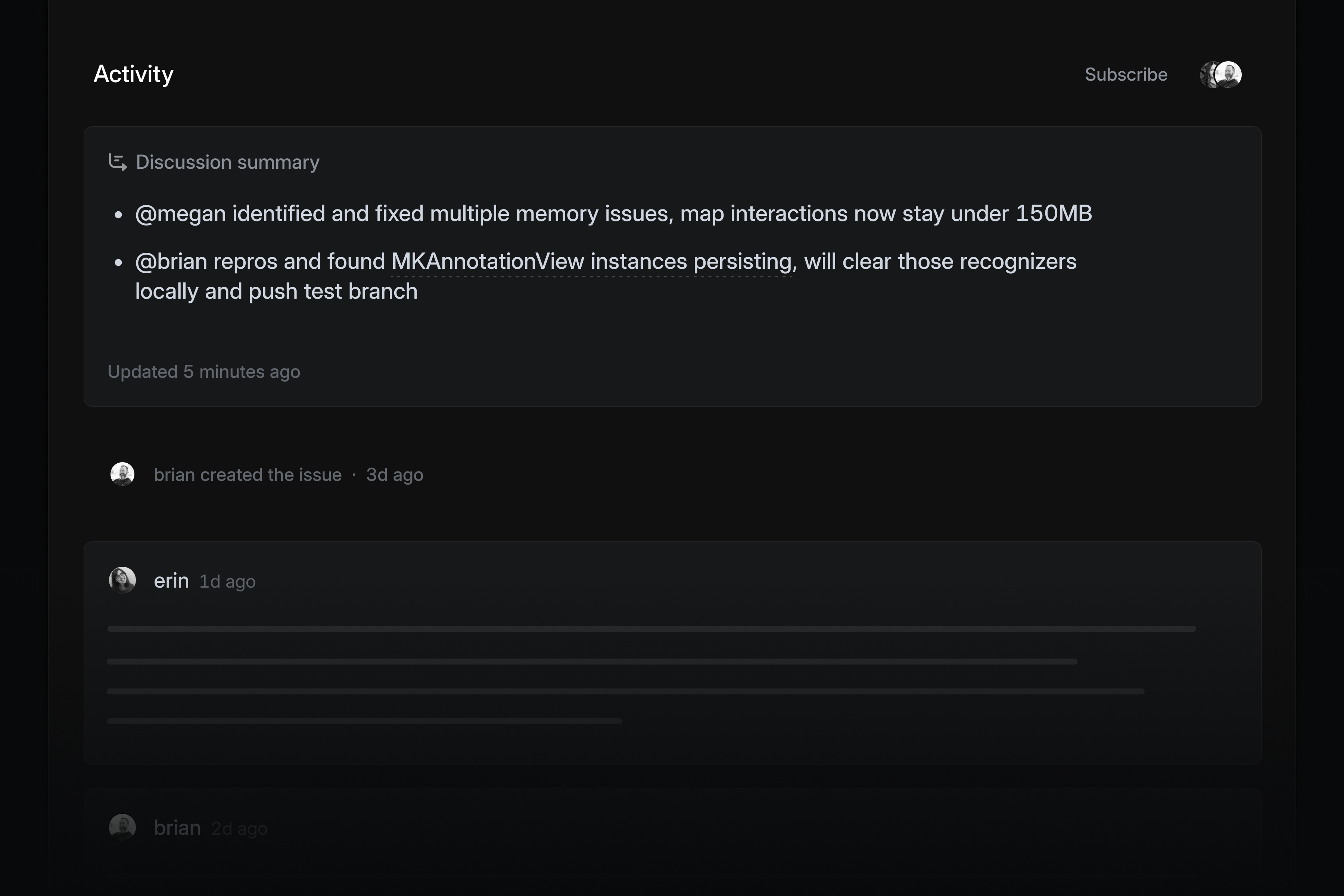 Discussion summary with two bullet points, the first explaining that Megan fixed multiple issues and the second that Brian reproduced and pushed a test branch