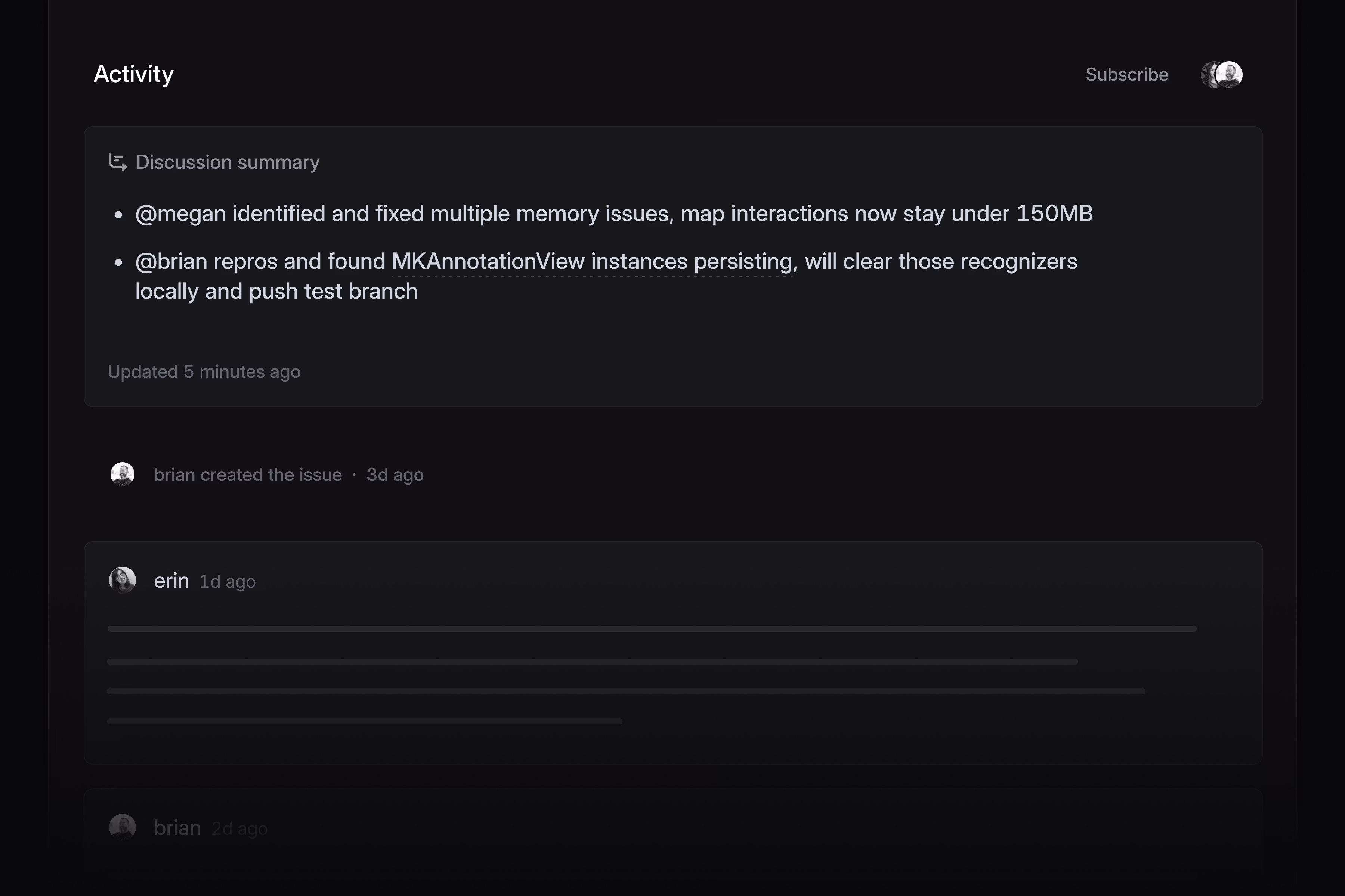 Discussion summary with two bullet points, the first explaining that Megan fixed multiple issues and the second that Brian reproduced and pushed a test branch