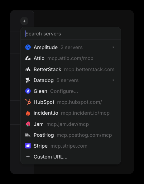 Select servers that should be available to your team or add a custom MCP