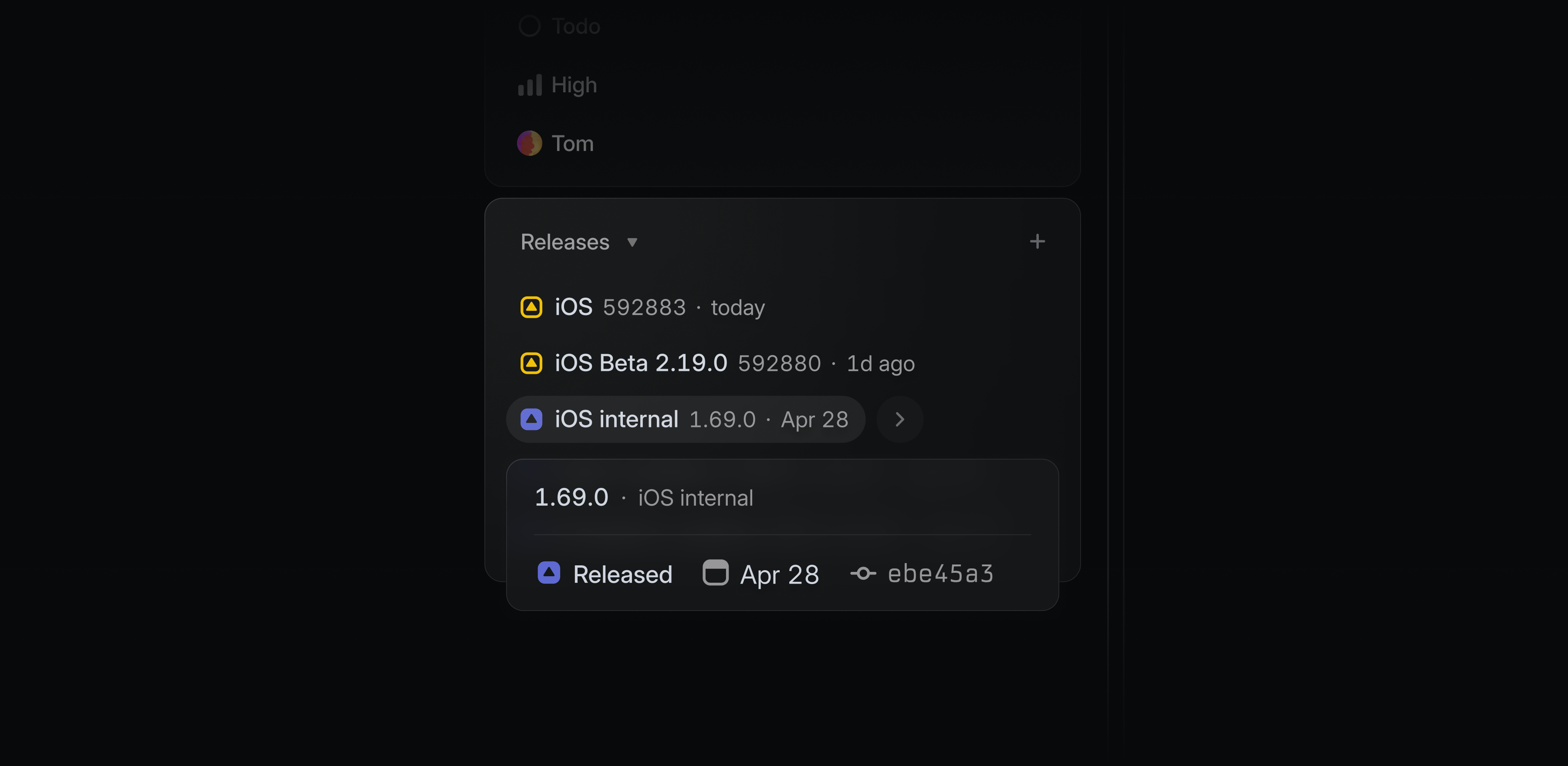 Issue sidebar showing a progression of iOS releases