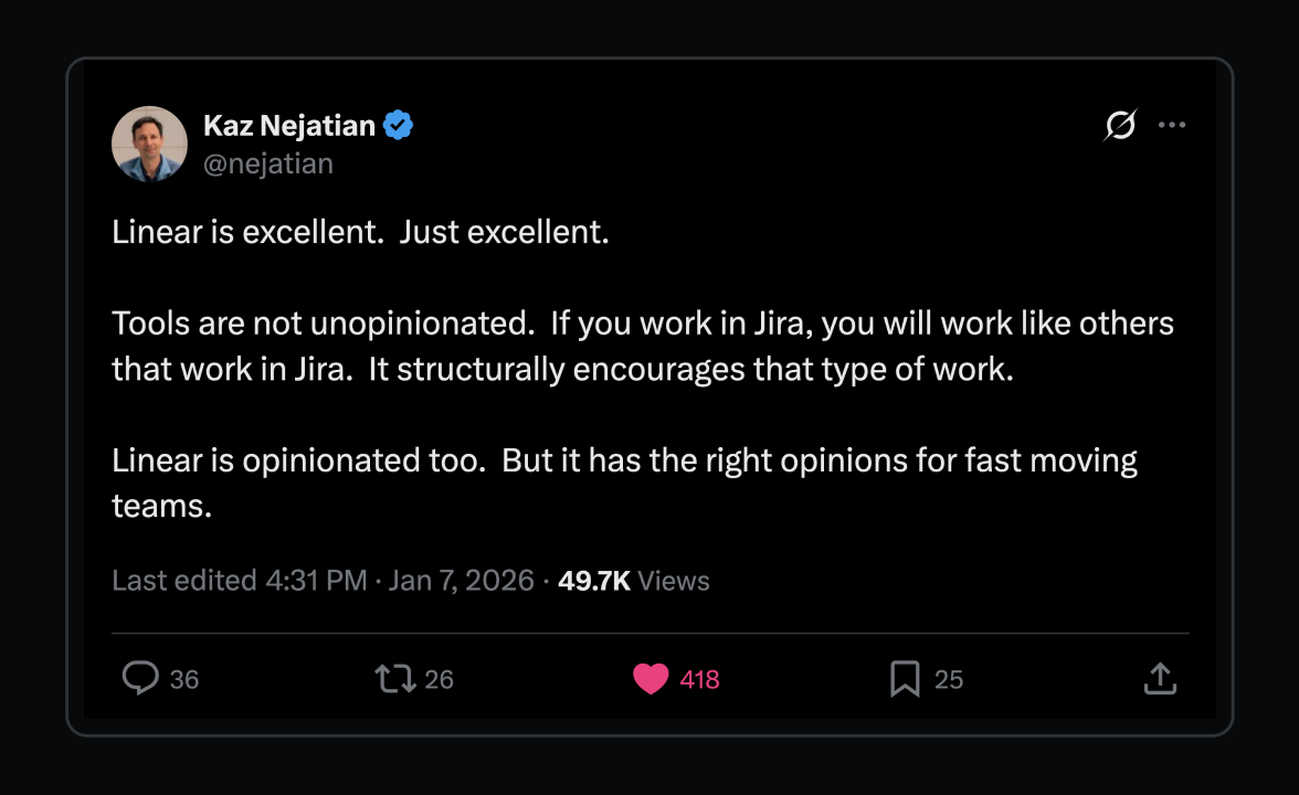 A tweet from Kaz talking about Linear.