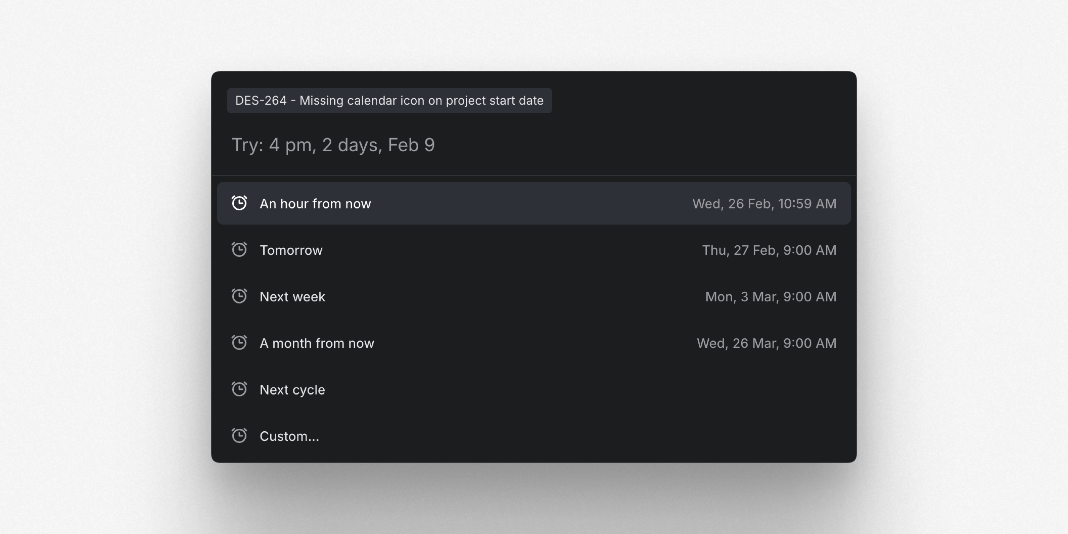 Modal showing options for setting a reminder that is an hour from now, for tomorrow, next week, a month from now, next cycle, or set to notify you at a custom date