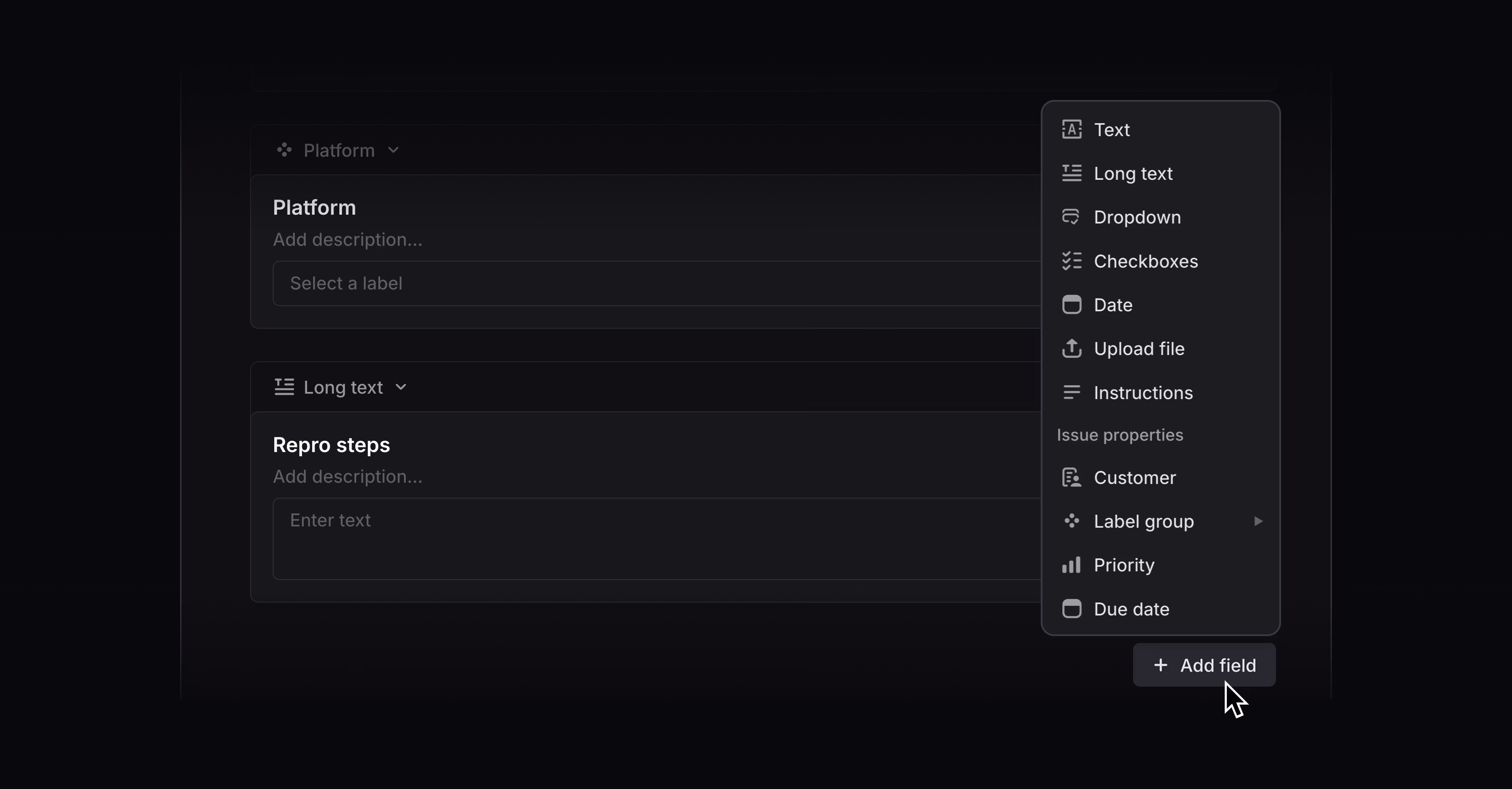 Form builder open showing options for field inputs: Text, long text, dropdown, checkboxes, date, upload file, instructions, customer, label group, priority, due date
