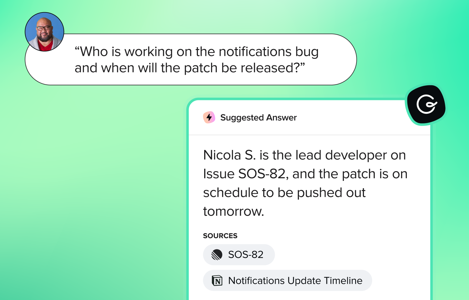 Asking Guru a question about a bug and the Linear issue is suggested in the answer