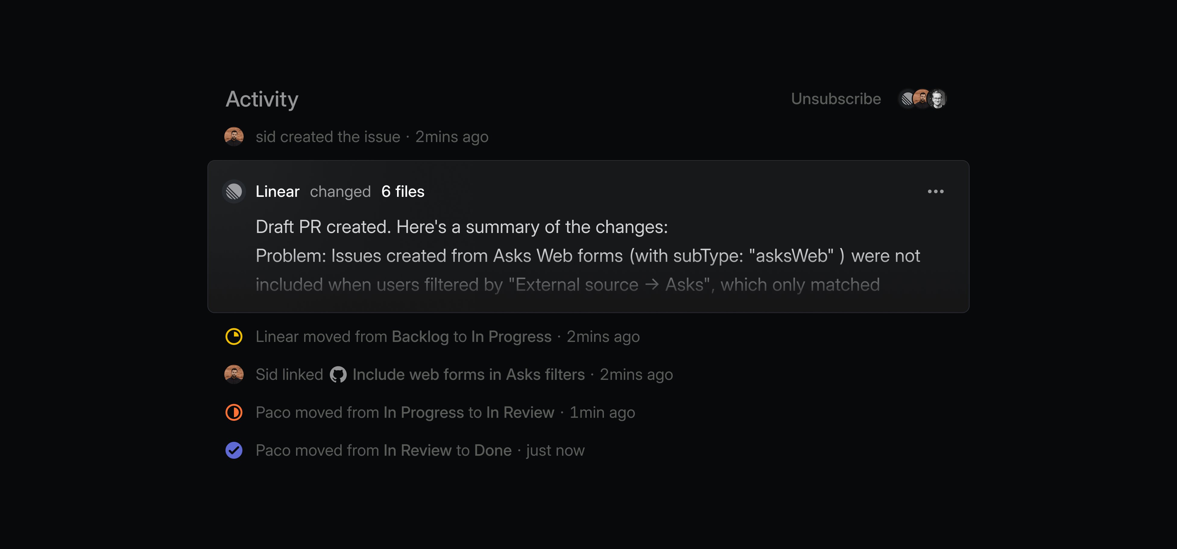 Dark activity feed showing Linear posting a summary of code changes and a draft pull request on an issue timeline.