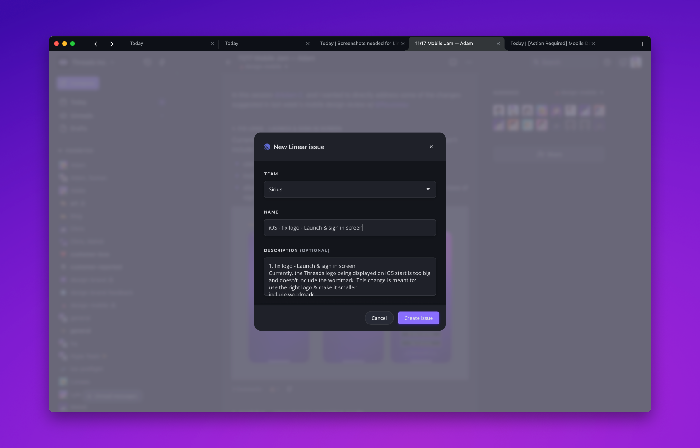 Assigning the issue to a Linear team and writing a description from Threads