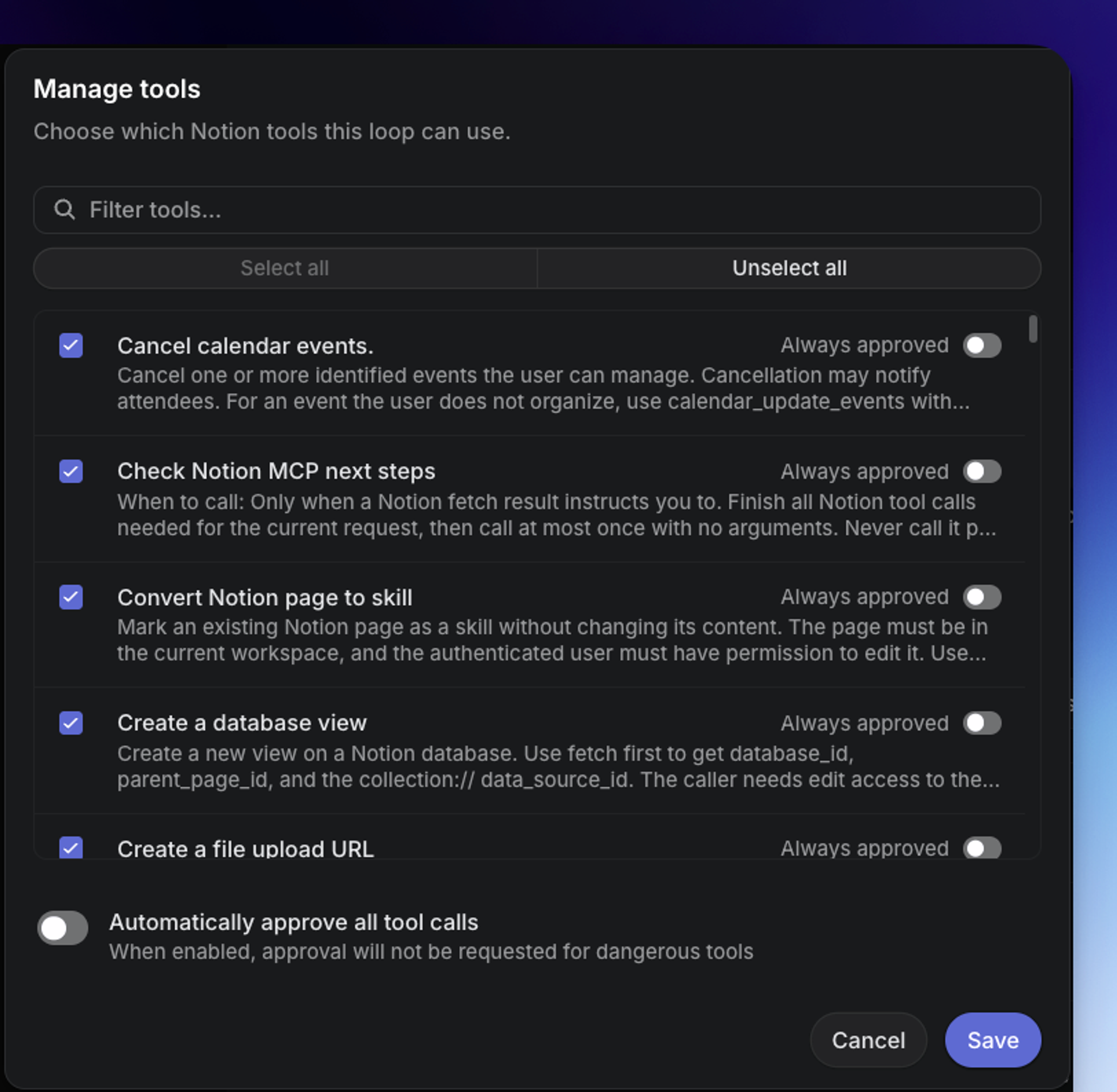 Manage tools dialog showing tool selection, per-tool Always approved toggles, and Automatically approve all tool calls