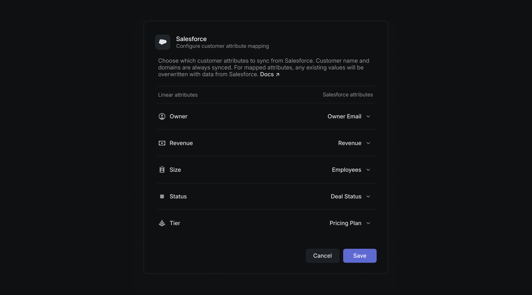 Settings showing Salesforce account data attributes mapped to Linear customer attributes