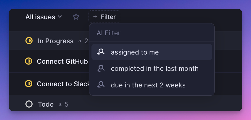 Linear interface showing AI filters menu
